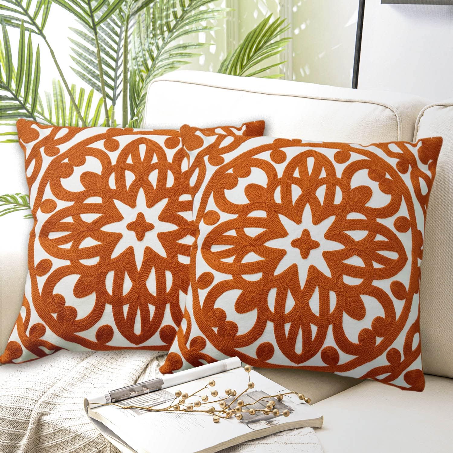 Embroidered Boho Beige Throw Pillow Cover — 12" — Burnt Orange