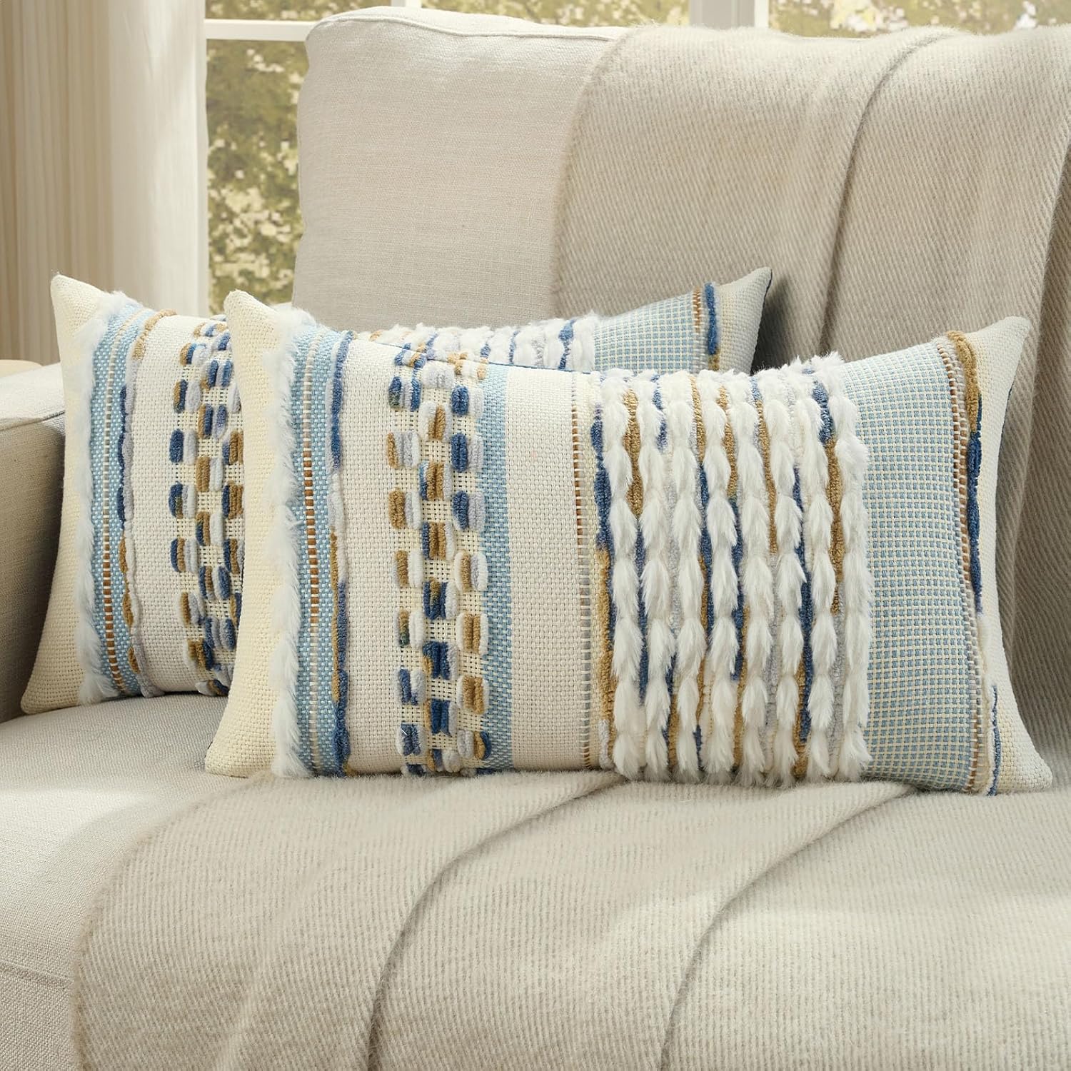 Tufted Boho Beige Throw Pillow Cover — 18" — Navy+brown