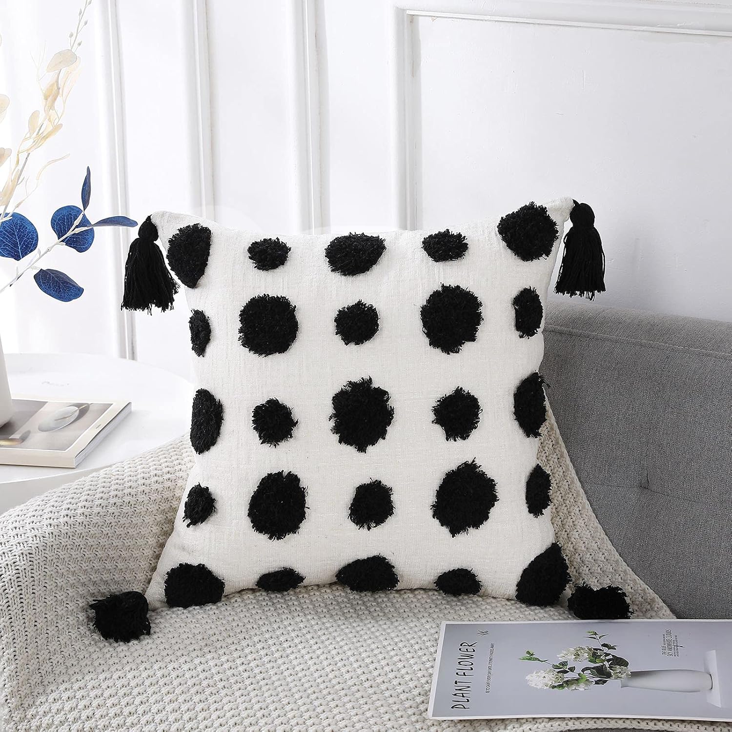 Tufted Boho Black Throw Pillow Cover — 20" — Black