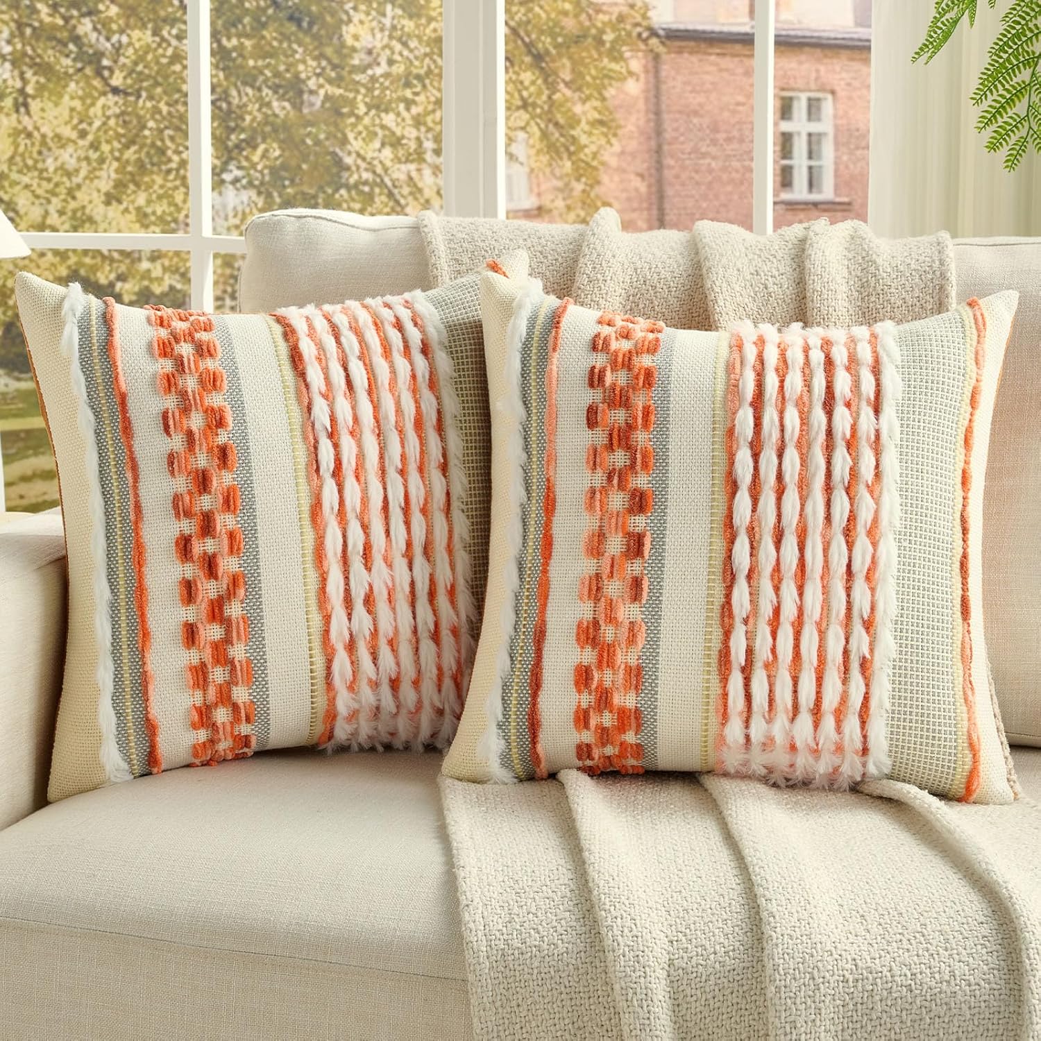Tufted Boho Beige Throw Pillow Cover — 18" — Orange