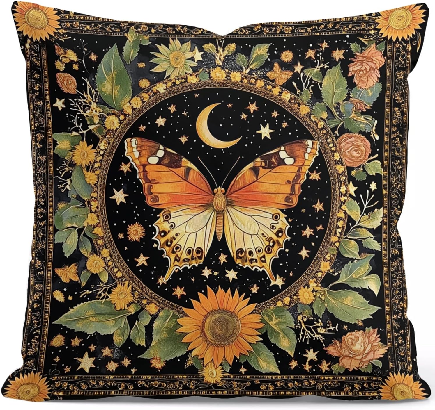 Vintage Boho Black Throw Pillow Cover — 18" — Black-butterfly