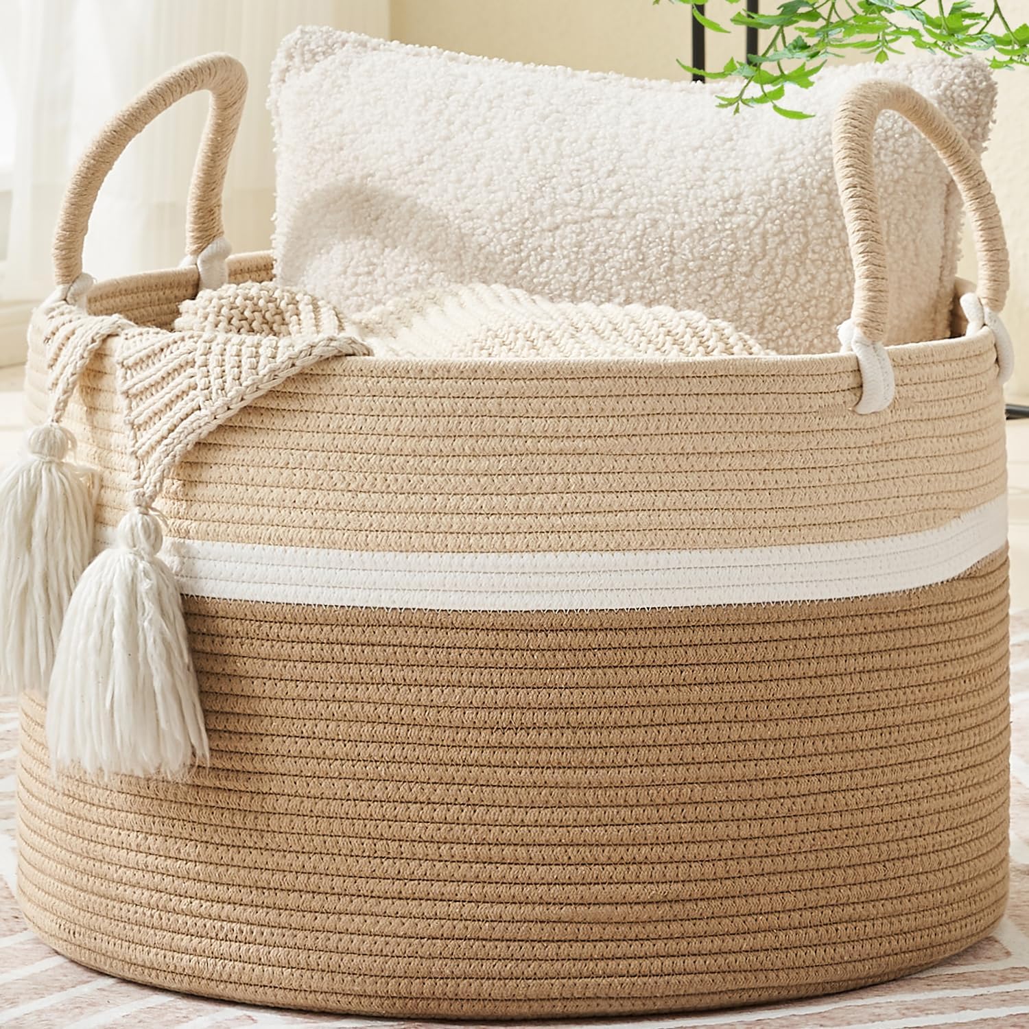 Boho Beige Throw Pillow — 20" — White and Brown