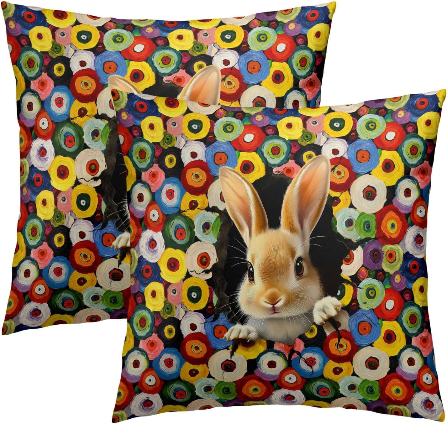 Boho Black Throw Pillow Cover — 18" — Easter Bunny With Broken Eggshell Multicolor