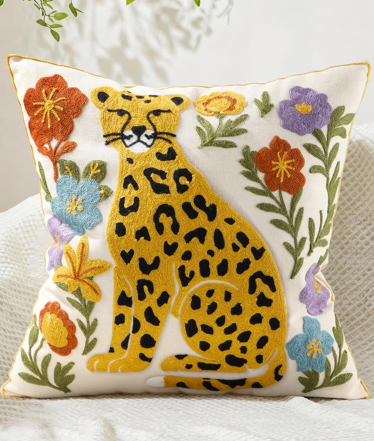 Embroidered Boho Fabric Throw Pillow Cover — 18" — Floral Leopard