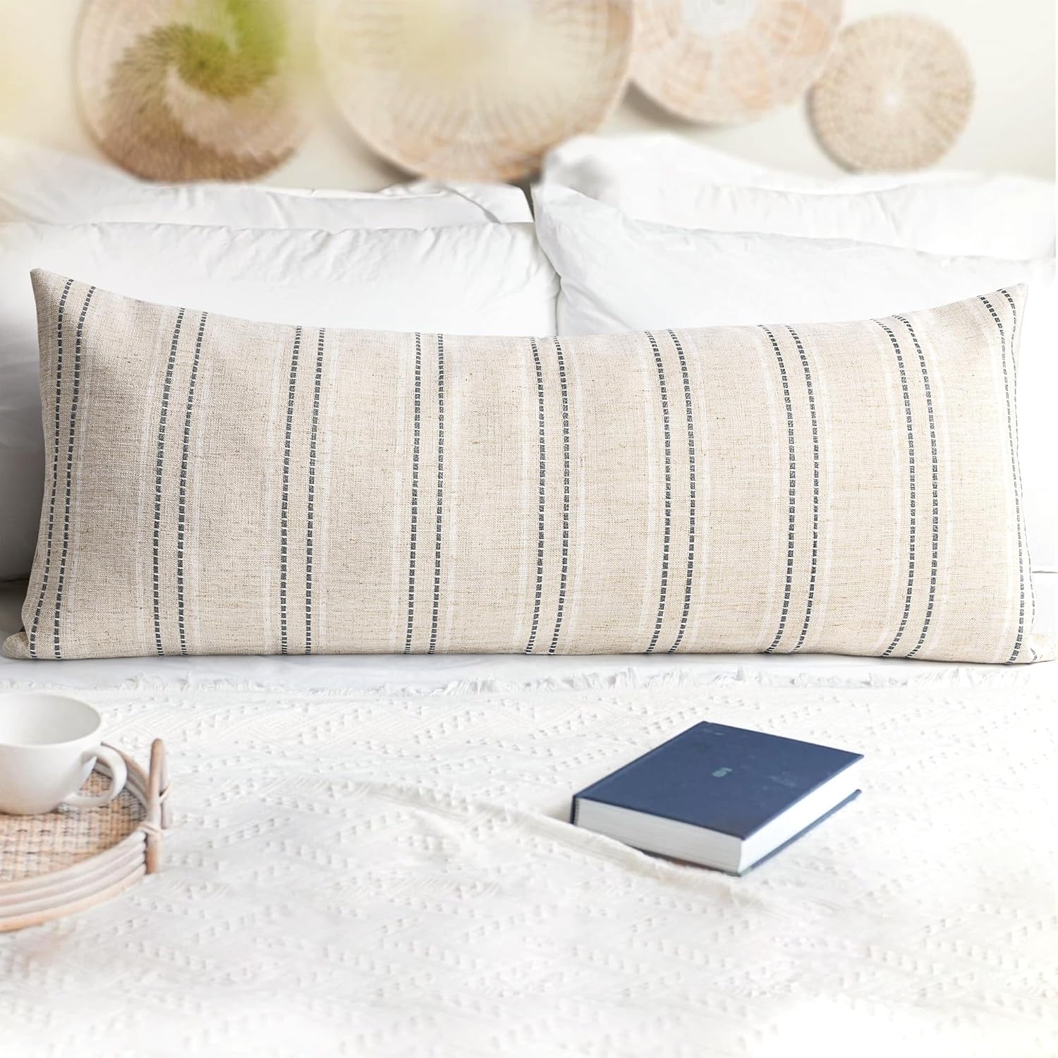 Linen Boho Fabric Throw Pillow Cover — 18" — Beige With White & Gray