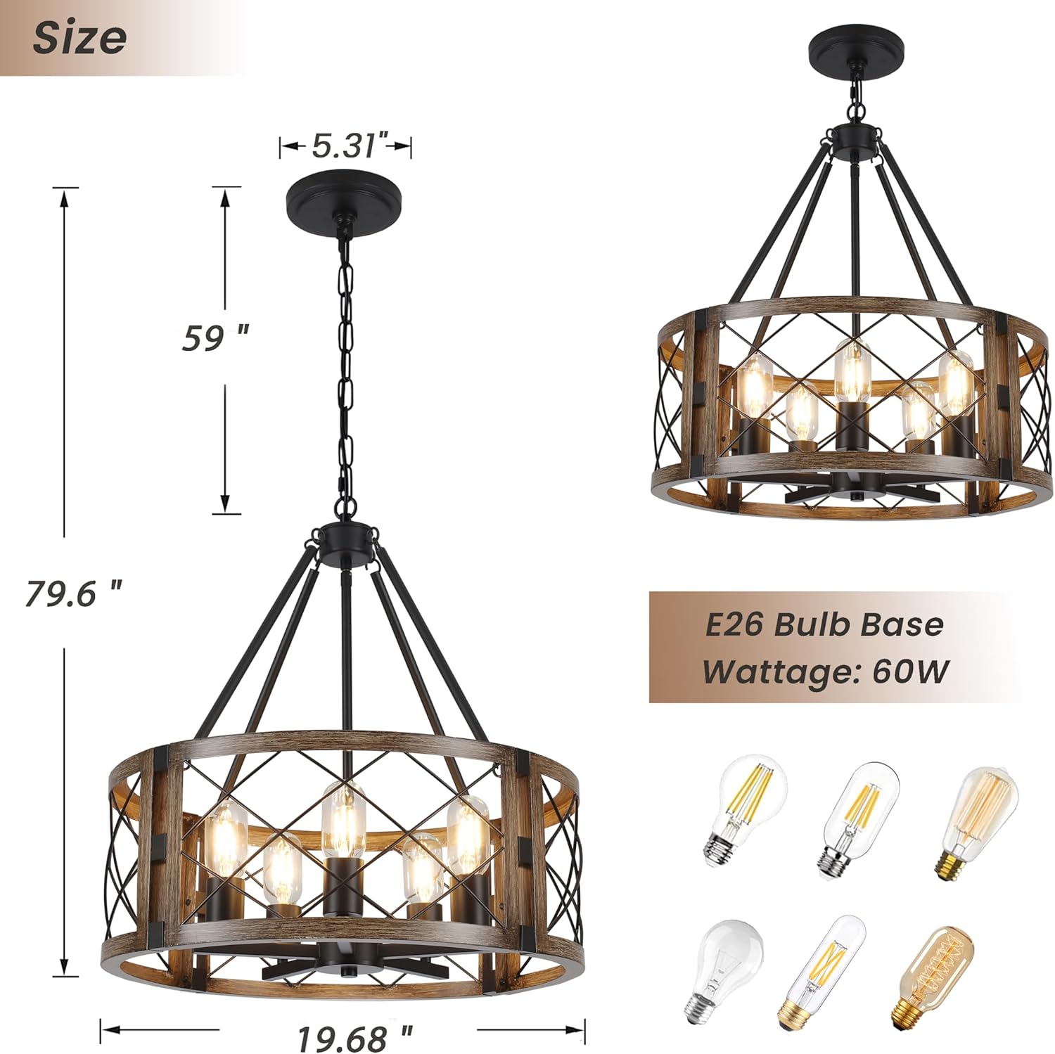 Adjustable Farmhouse Brown Chandelier — 5-Light - View 7