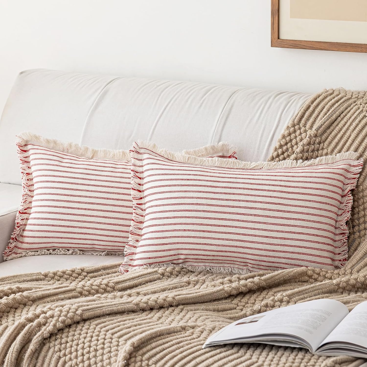 Boho Beige Throw Pillow Cover — 18" — Red