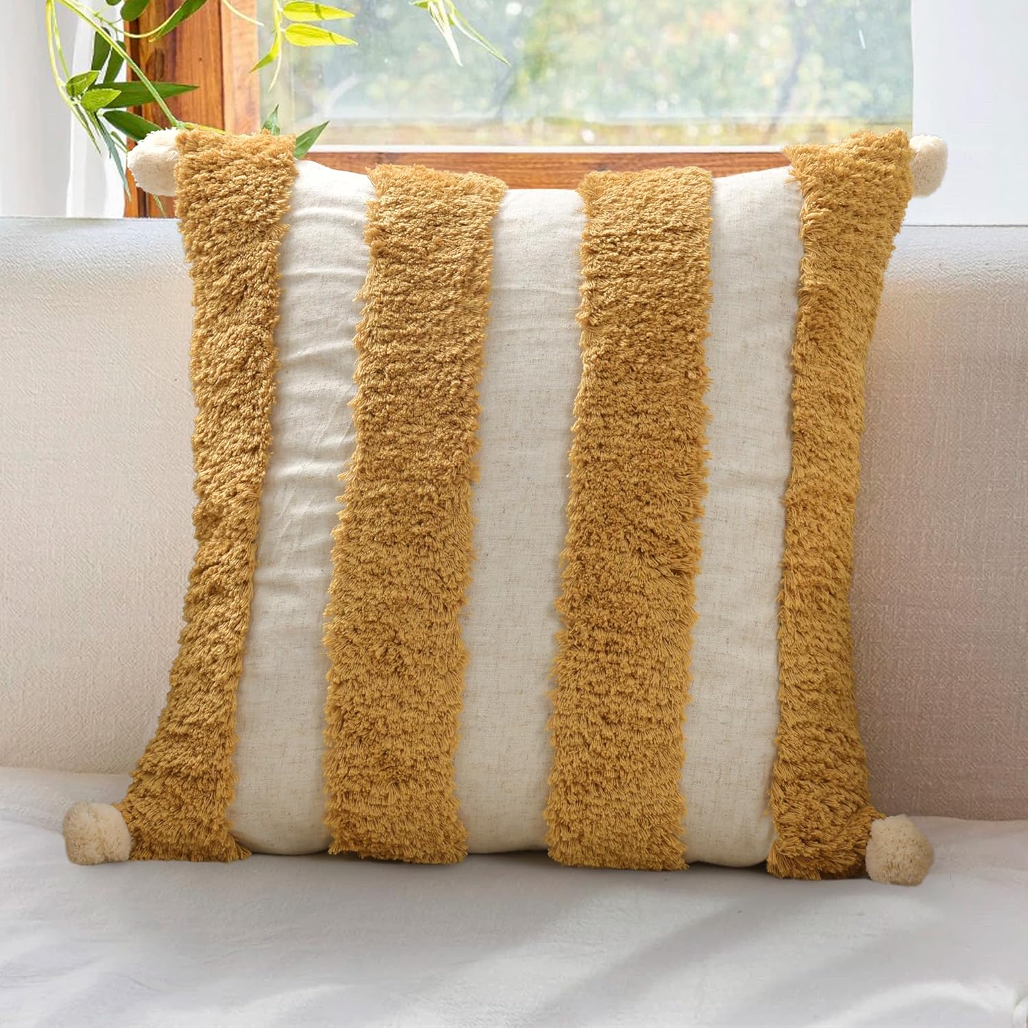 Tufted Boho Beige Throw Pillow Cover — 18" — Tufting Yellow