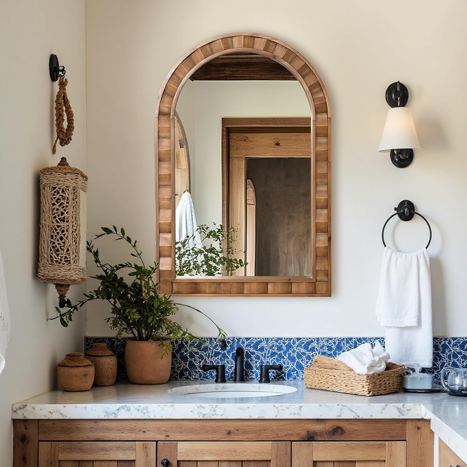 Round Farmhouse Wood Wall Mirror — 25.8" — 30.4" H Arch