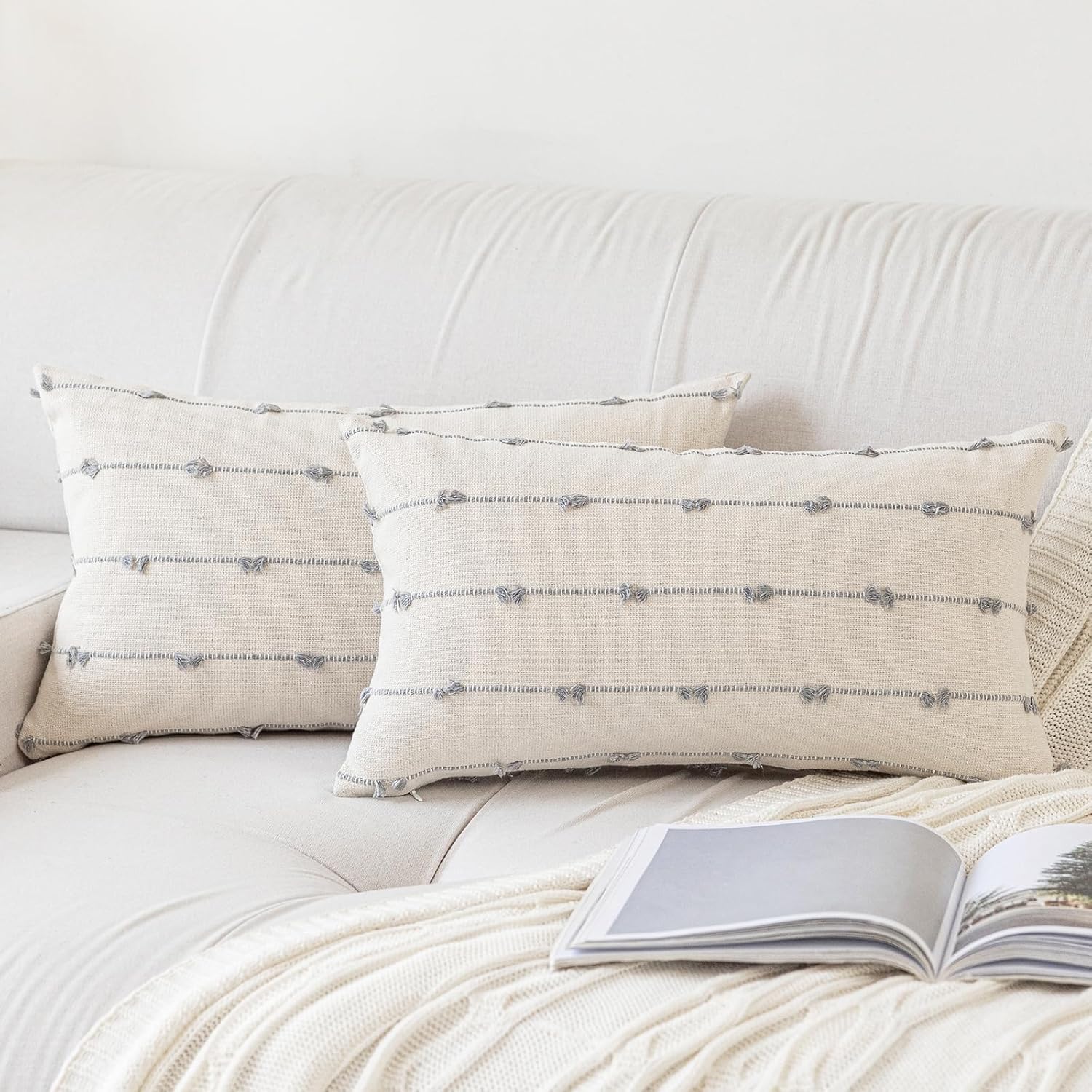 Tufted Boho Beige Throw Pillow Cover — 18" — Beige and Grey