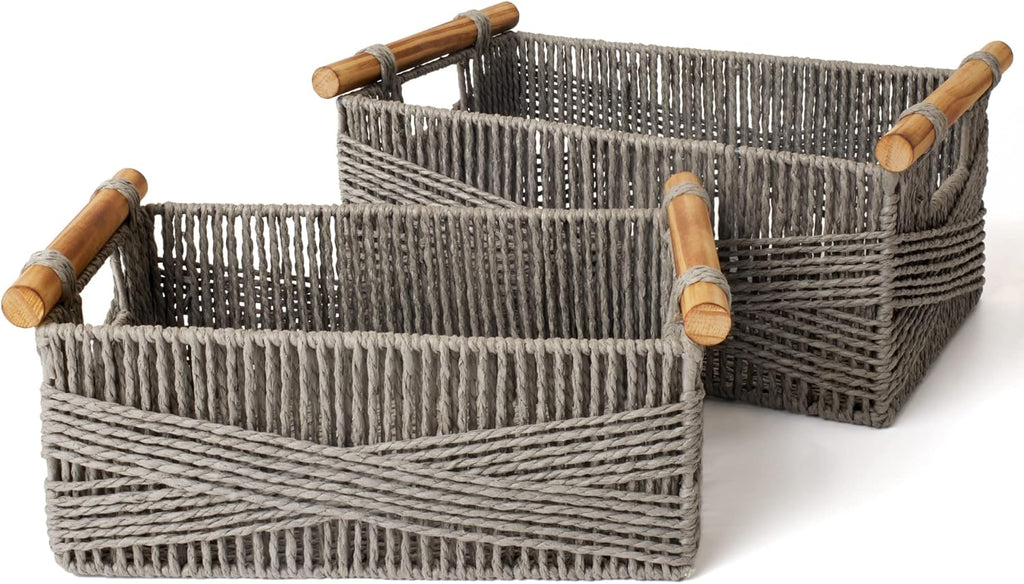 Boho Grey Woven Basket — Set of 2 — Grey