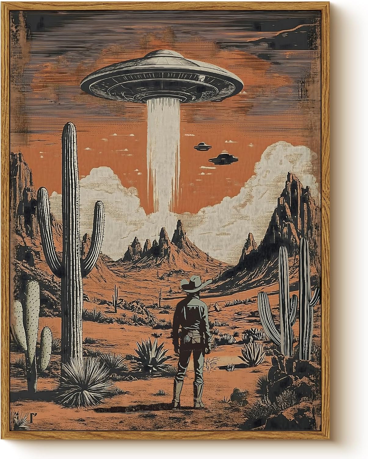 Vintage Orange Framed Wall Art — 16" — UFO