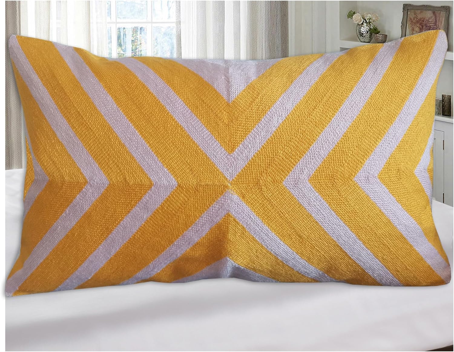 Embroidered Boho Beige Throw Pillow Cover — 20" — 20" x 12" (Pack of 1)