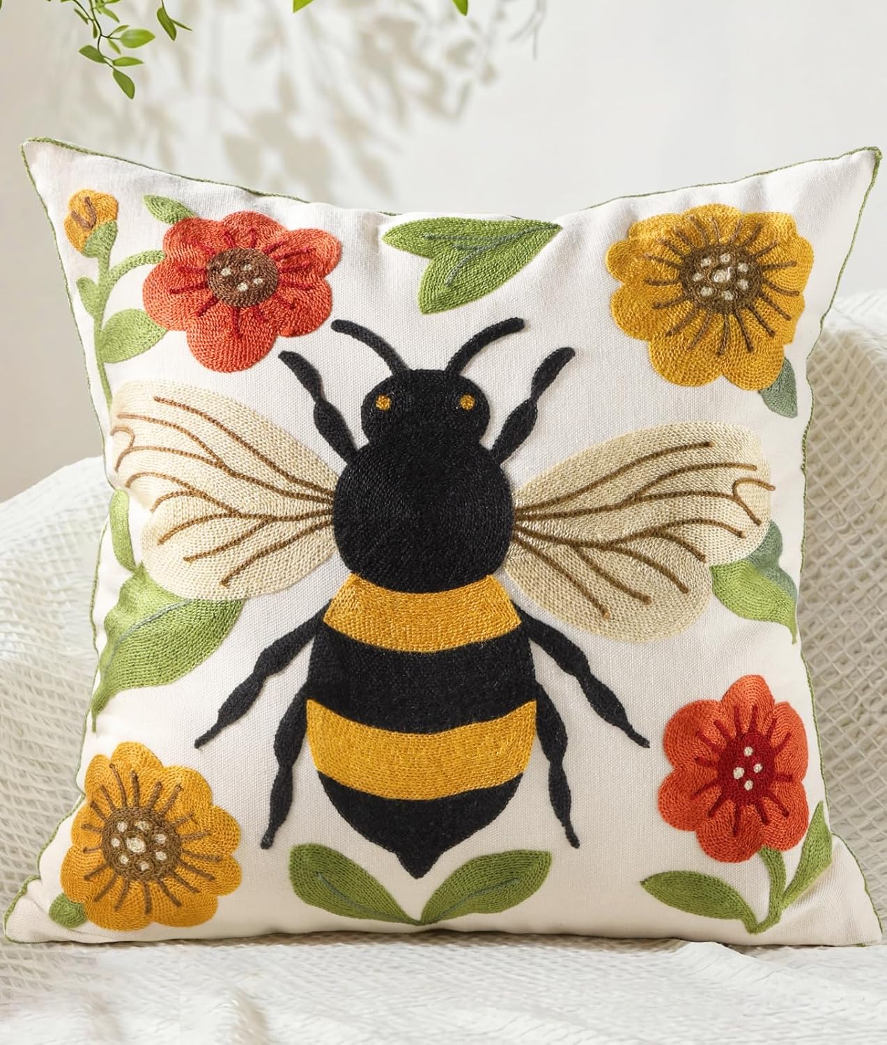 Embroidered Boho Fabric Throw Pillow Cover — 18" — Floral Bee