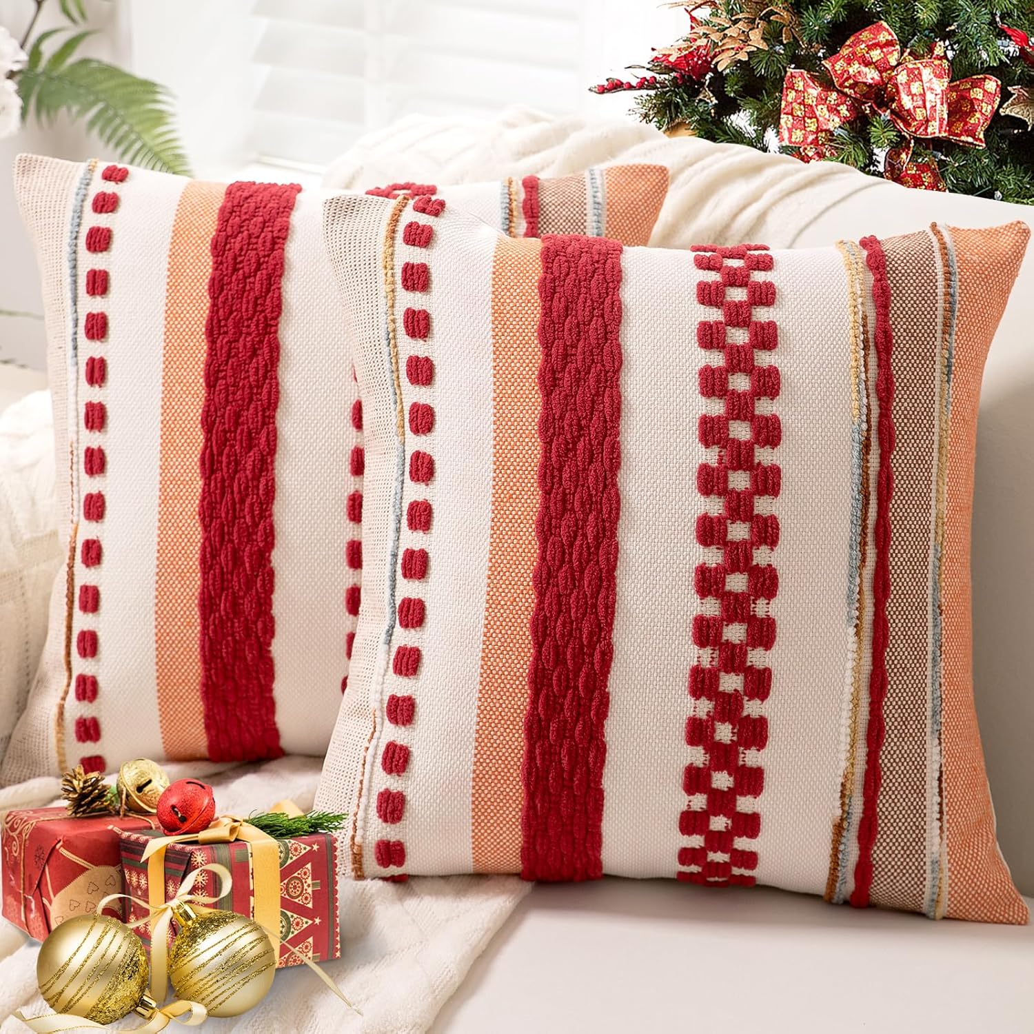 Chenille Boho Black Throw Pillow Cover — 18" — Red Stripe