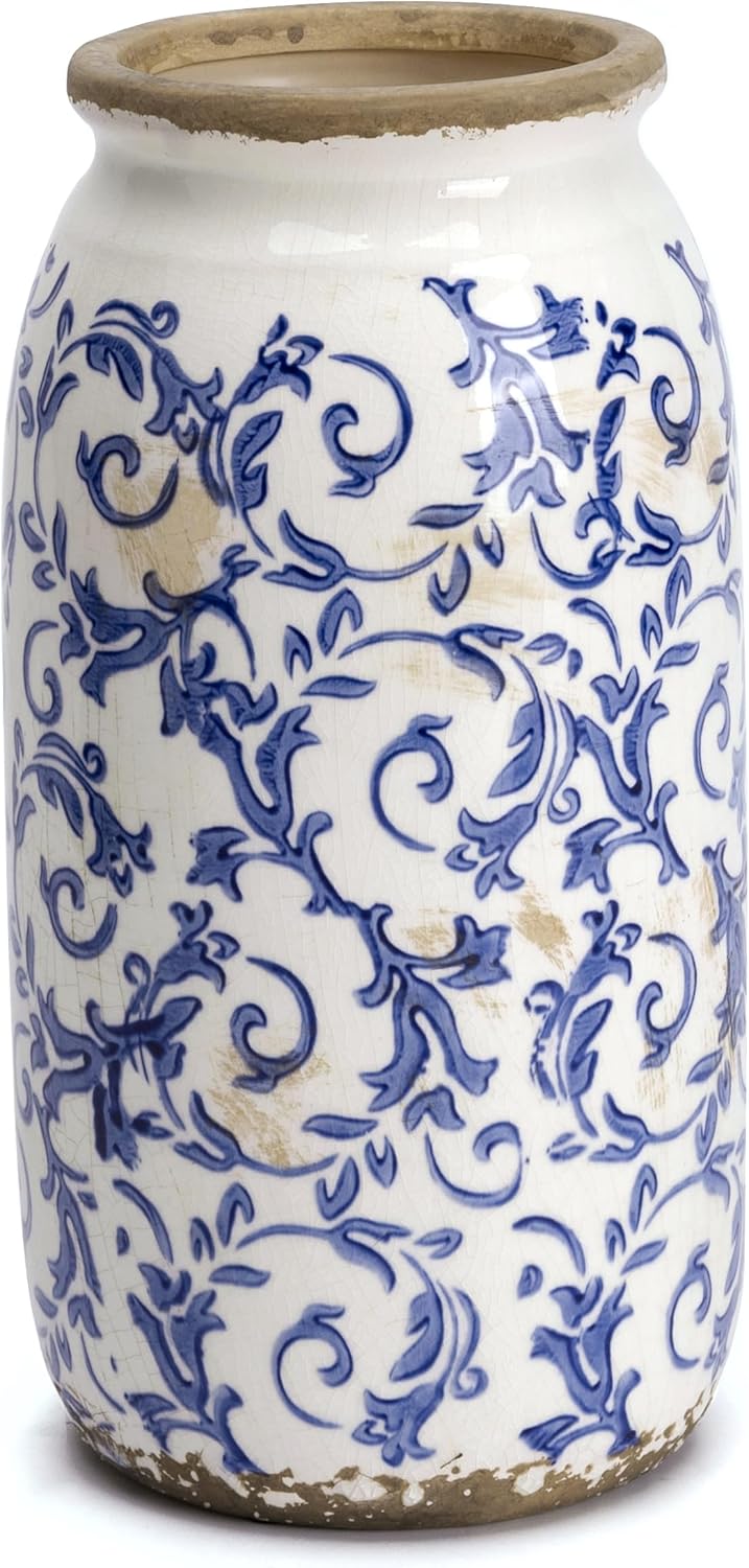 Farmhouse Blue Decorative Vase — 8" — Blue and White