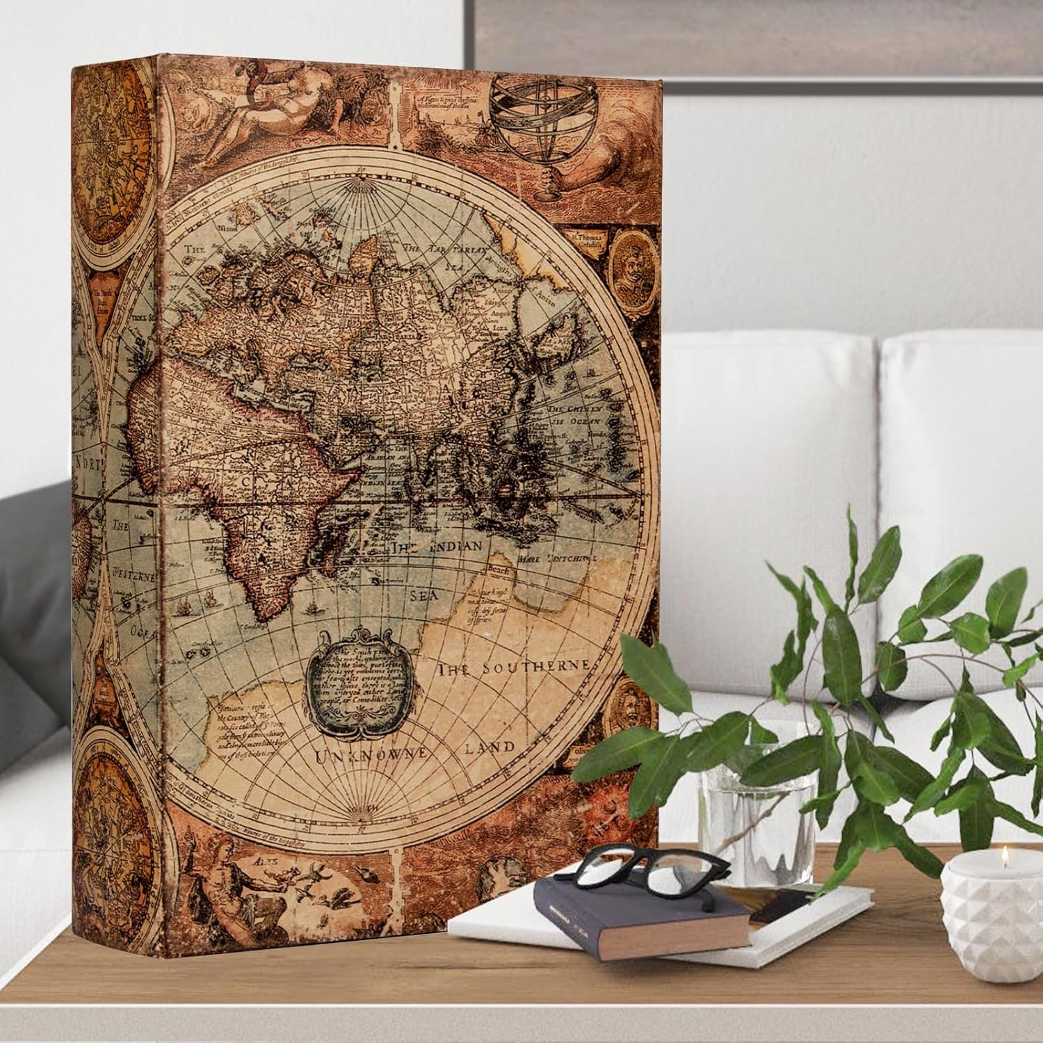 Vintage Leather Storage Basket — 12" — Vintage Map-Size:L