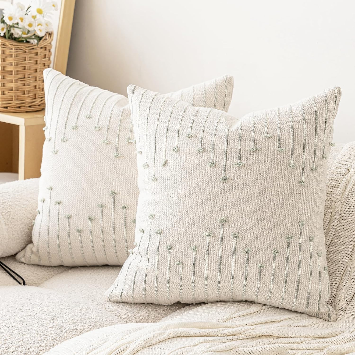 Boho Beige Throw Pillow Cover — 18" — Beige and Green