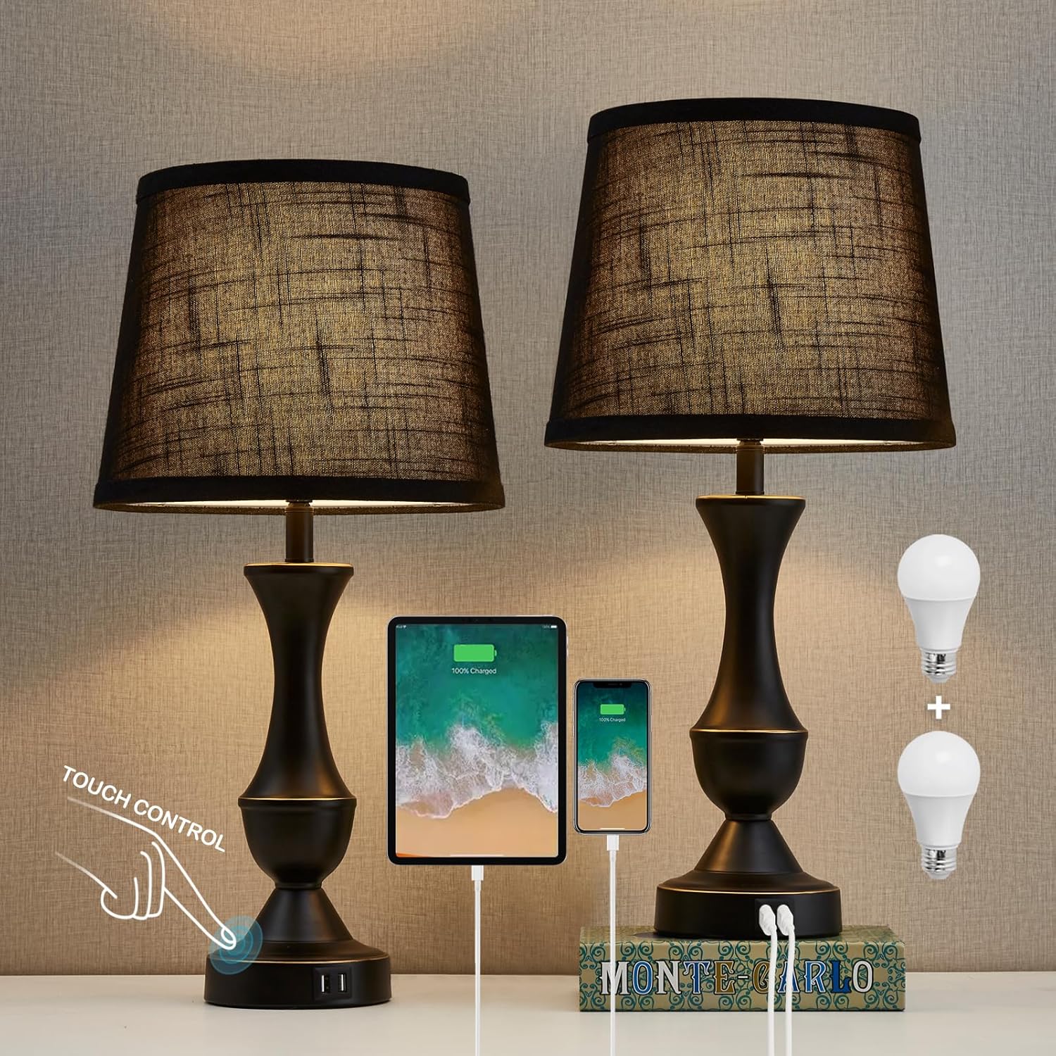 Dimmable Luxe Beige Bedside Lamp — 22" — Black