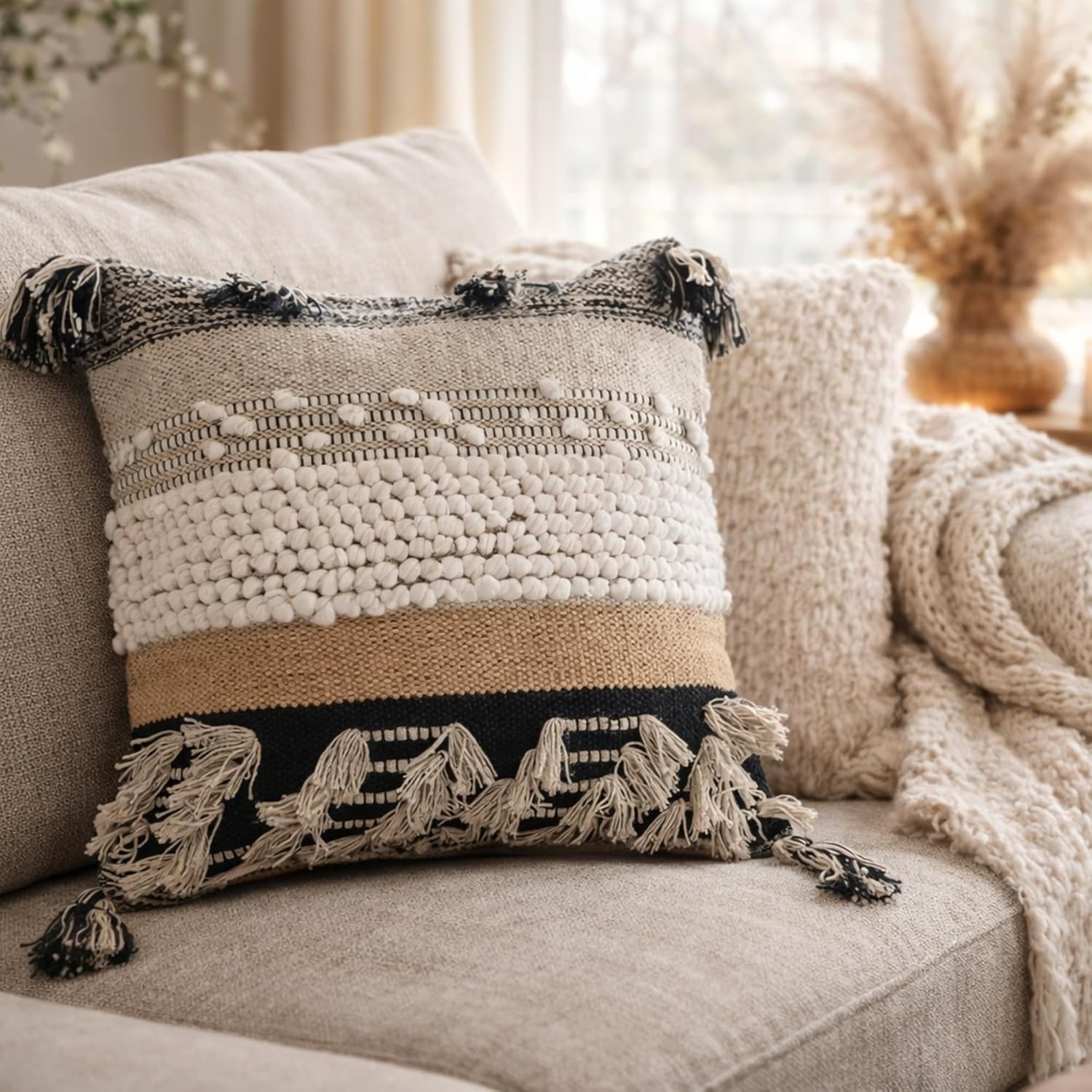 Tufted Boho Black Pillow Cover — 12x20 — Black - Square 18x18
