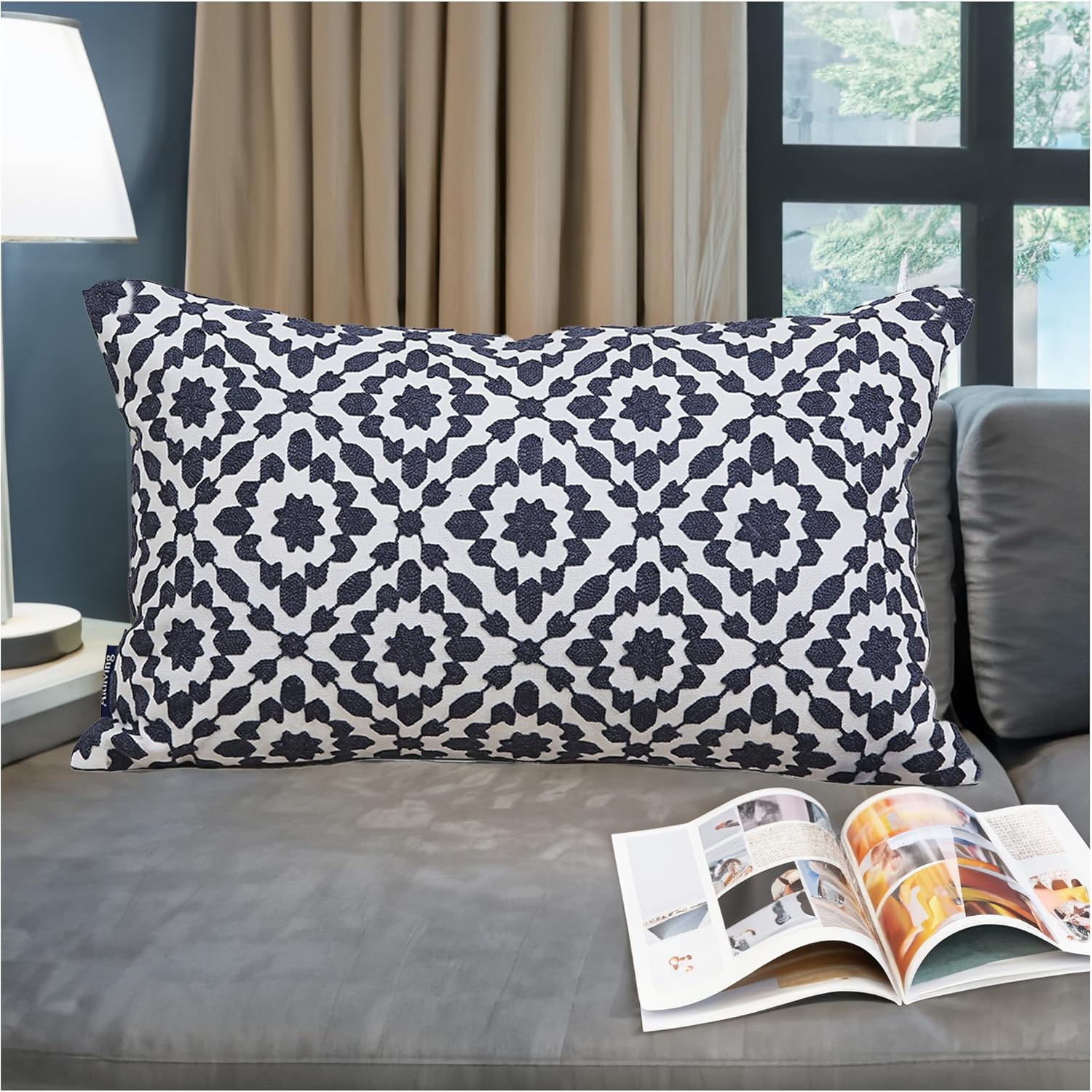 Embroidered Boho Beige Throw Pillow Cover — 20" — 20" x 12" (Pack of 1)