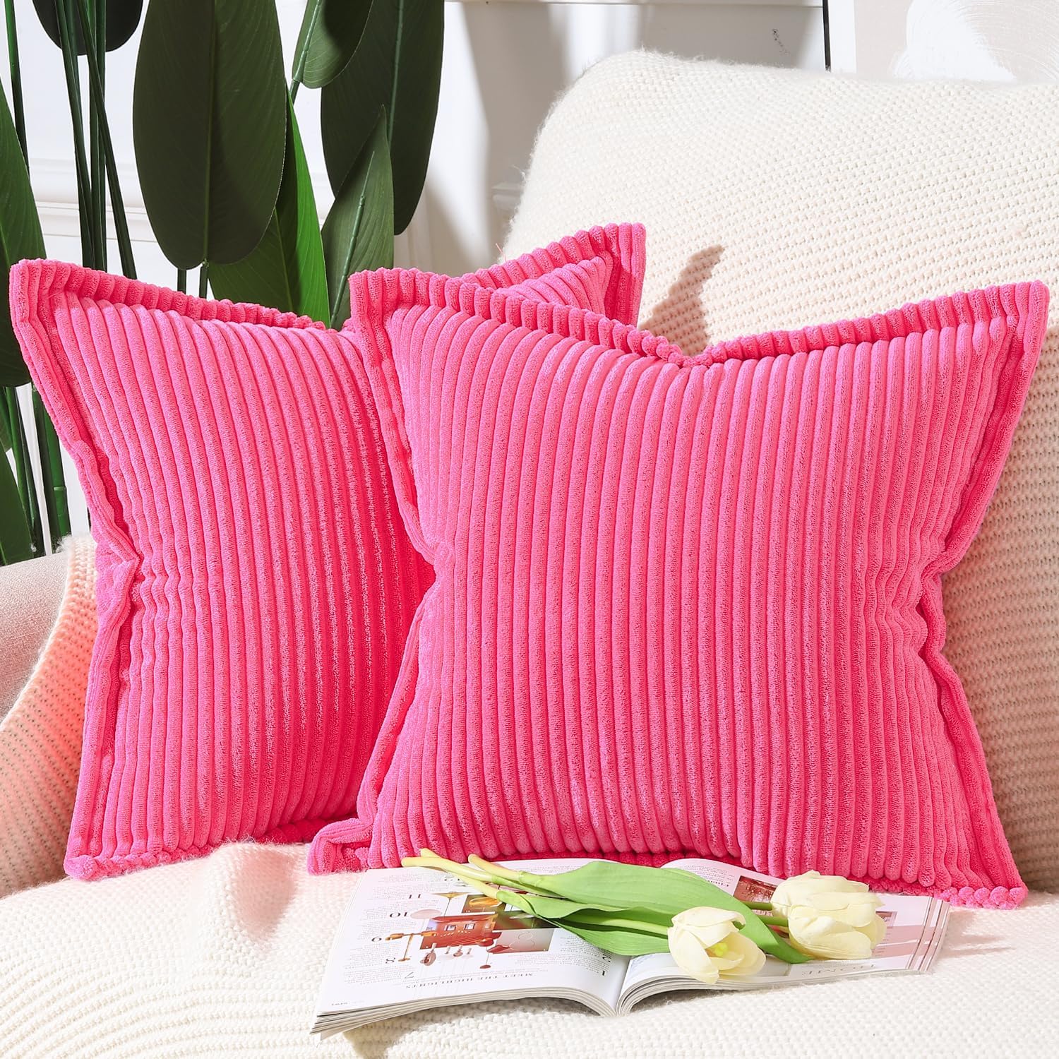 Boho Beige Throw Pillow Cover — 24" — Hot Pink