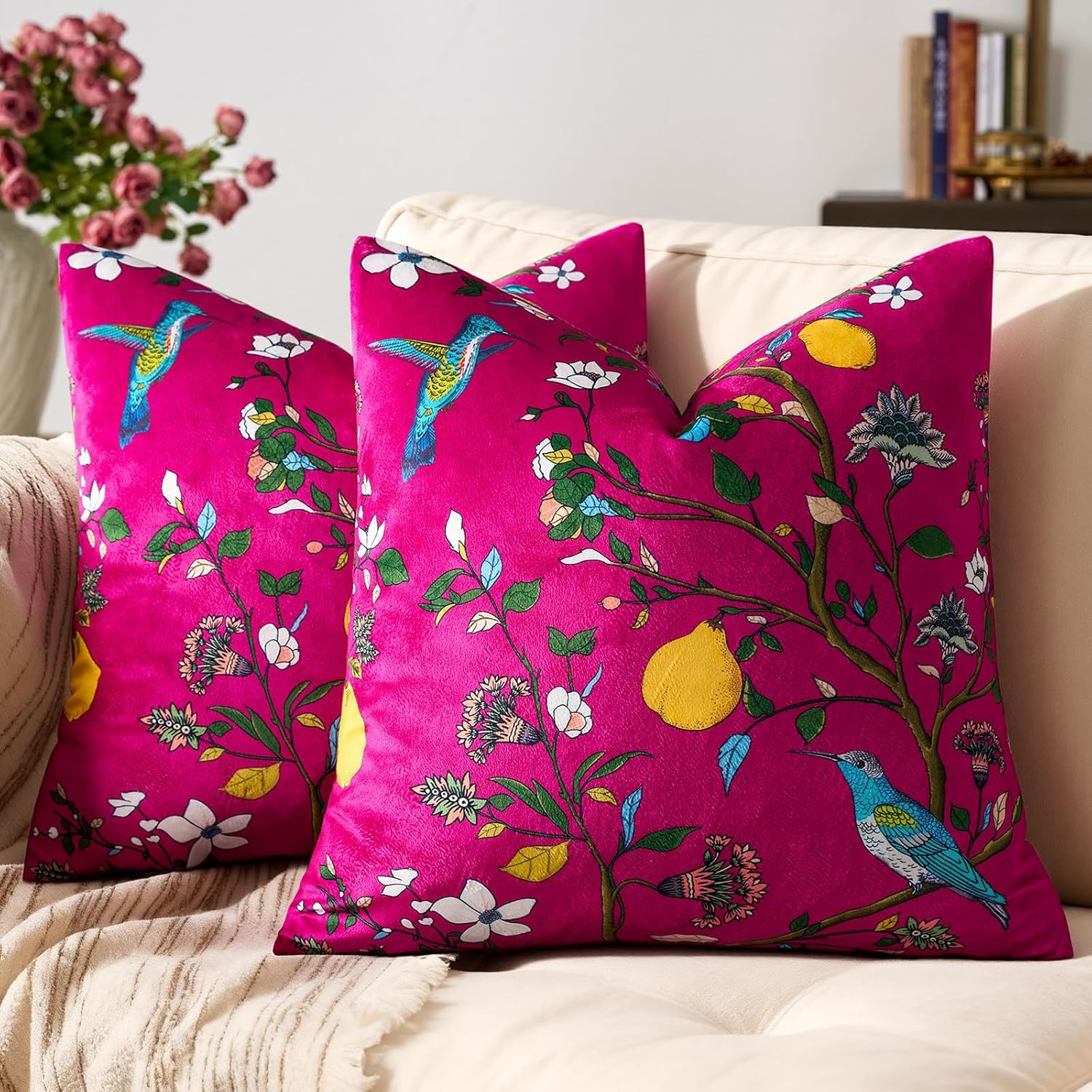 Velvet Boho Beige Pillow Cover — 20" — Hot Pink
