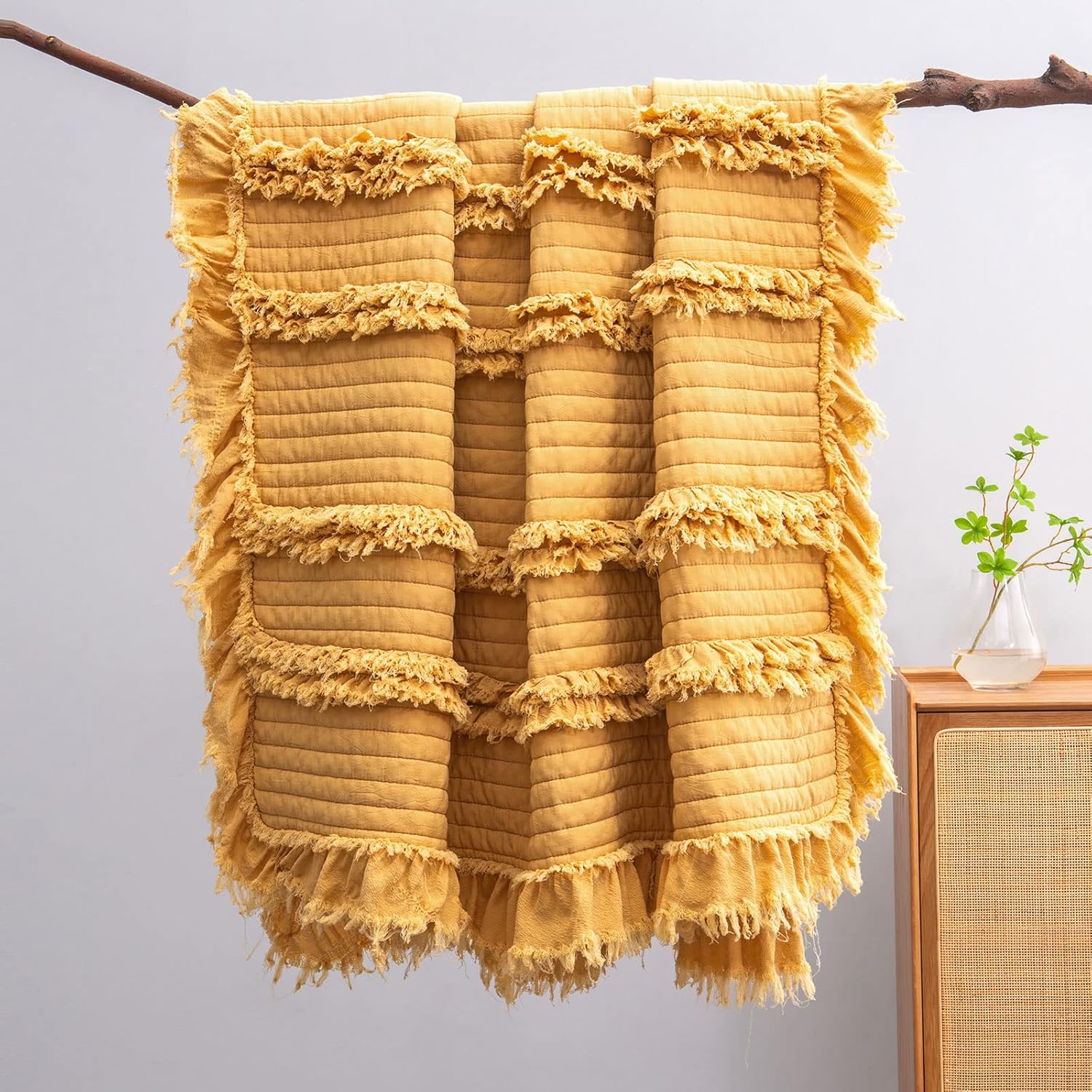 Fringed Boho Beige Throw Pillow — 50" — Yellow