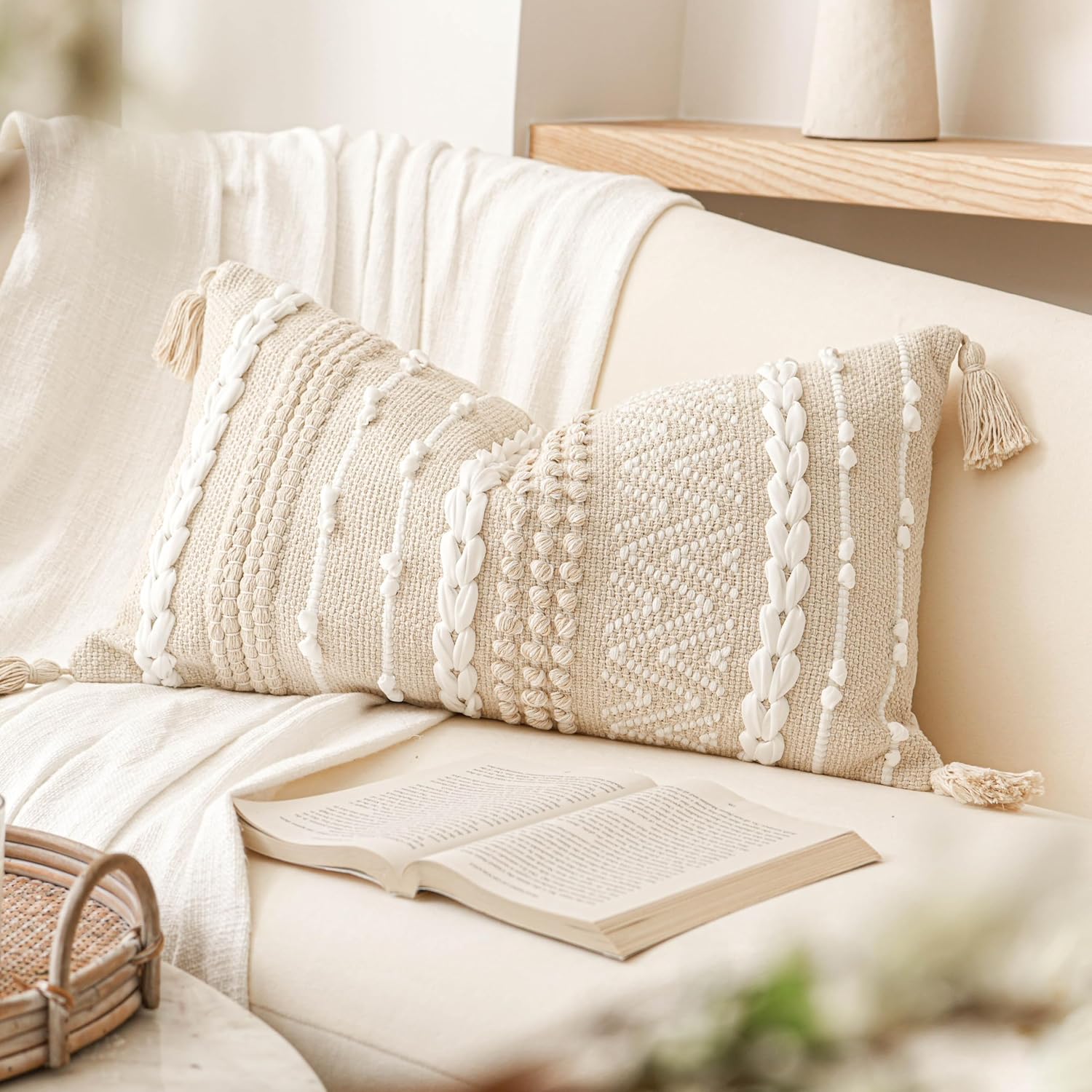 Lumbar Boho Beige Throw Pillow Cover — 36" — 24" x 14" (Pack of 1)