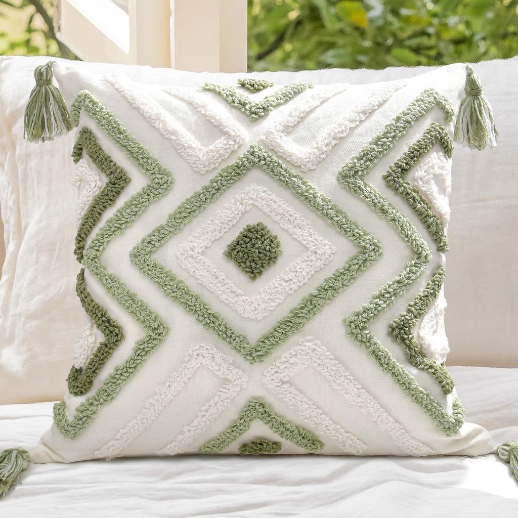 Tufted Boho Beige Throw Pillow Cover — 18"