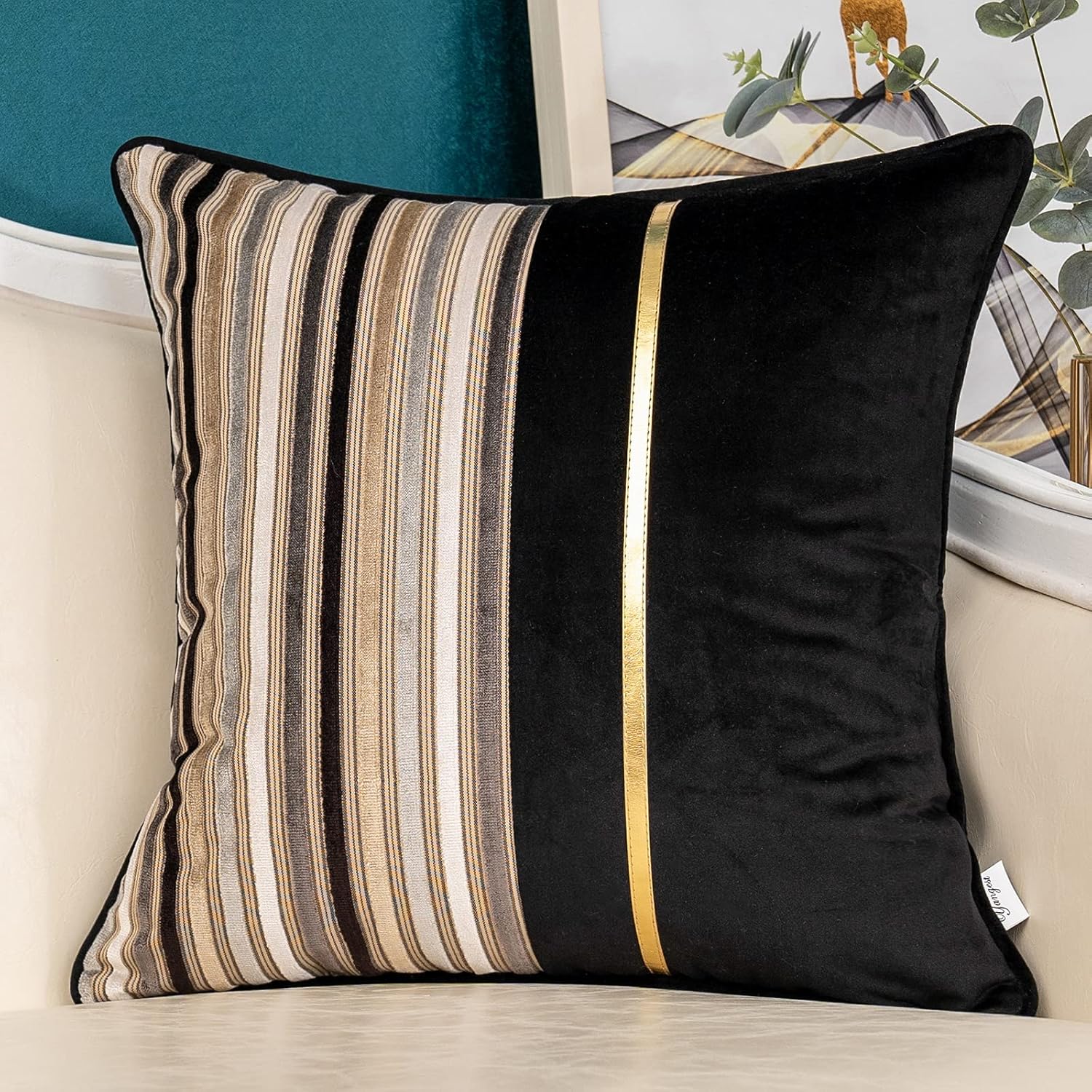 Velvet Boho Beige Throw Pillow Cover — 20" — Black Patchwork