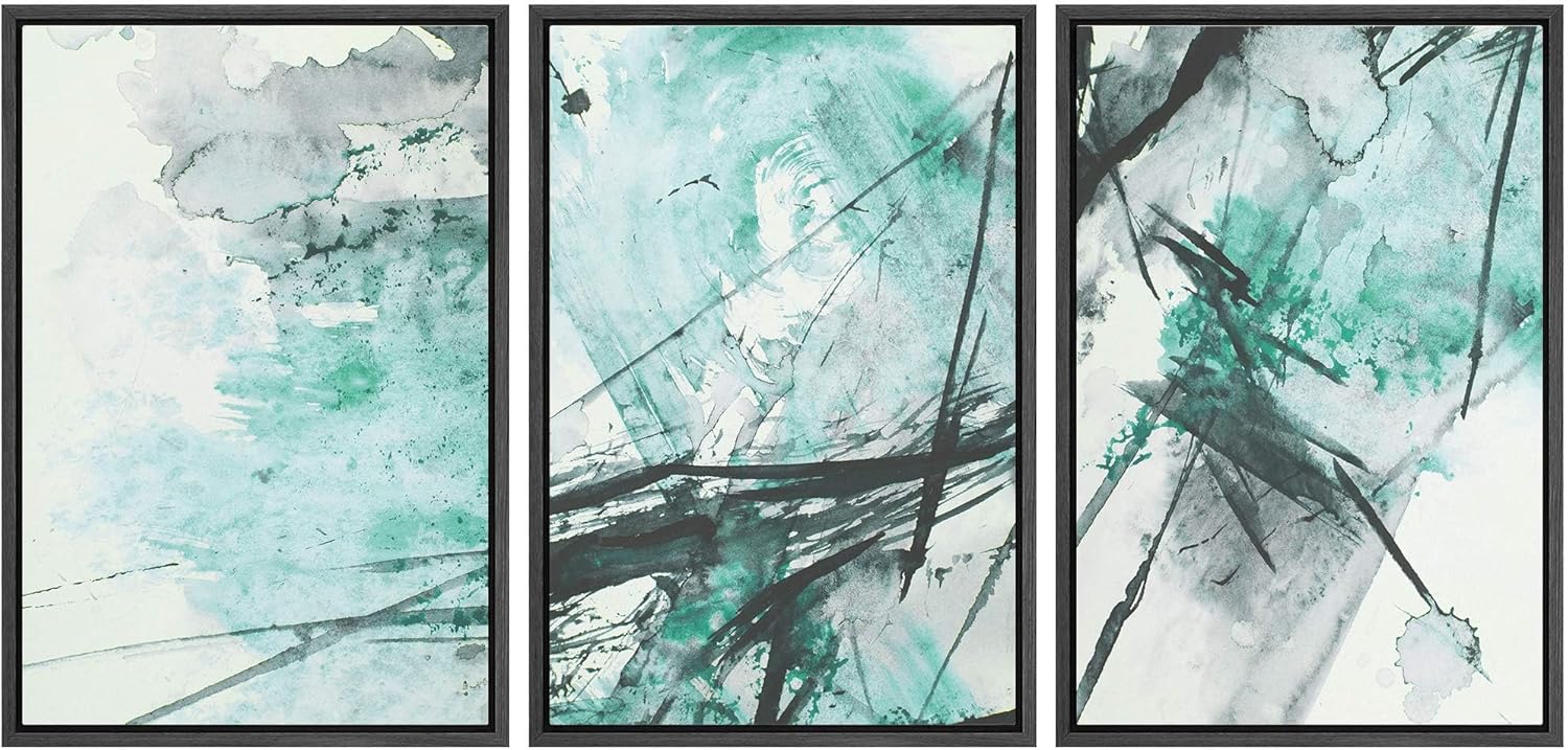 Framed Modern Fabric Wall Art — 16" — 24" x 36" x 3 Panels BLACK