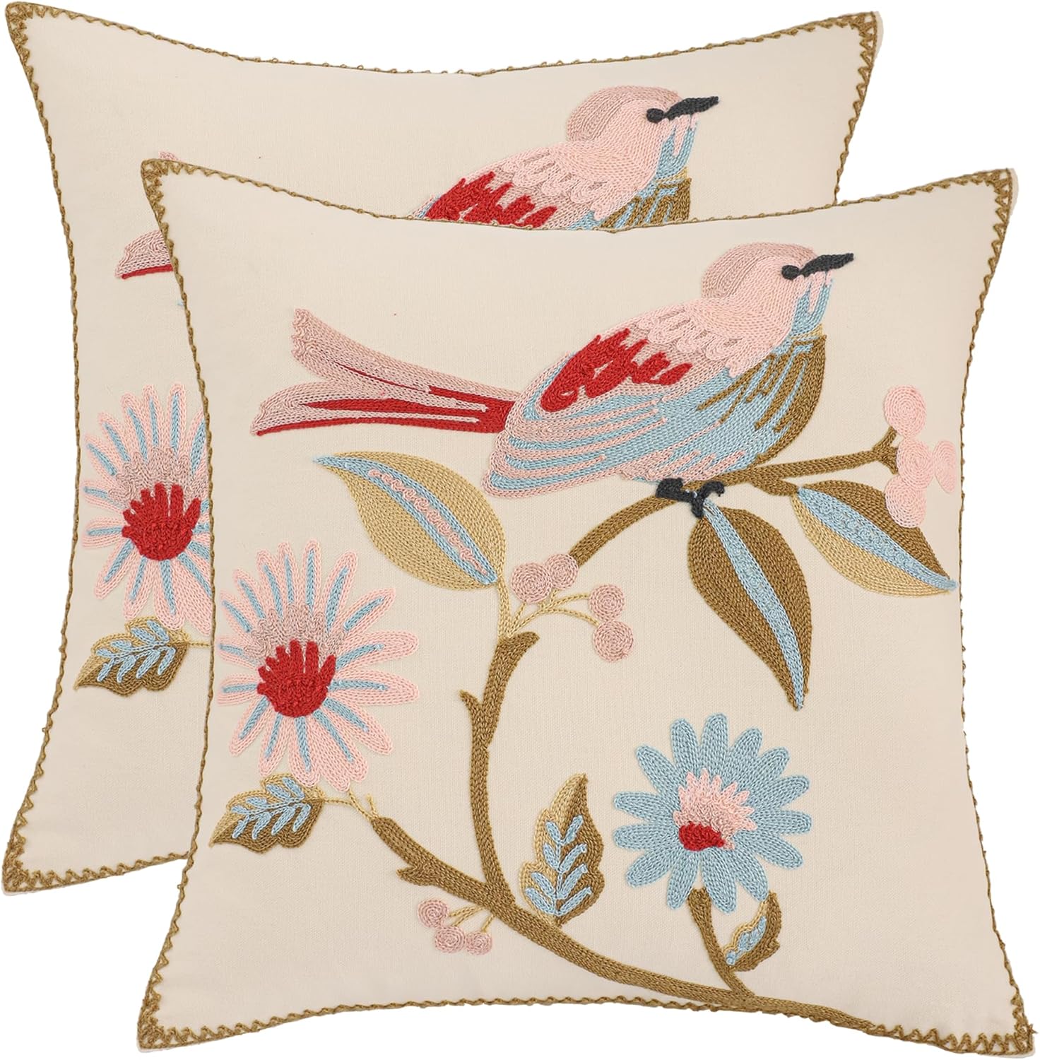 Embroidered Boho Blue Throw Pillow Cover — 18" — Pink Bird