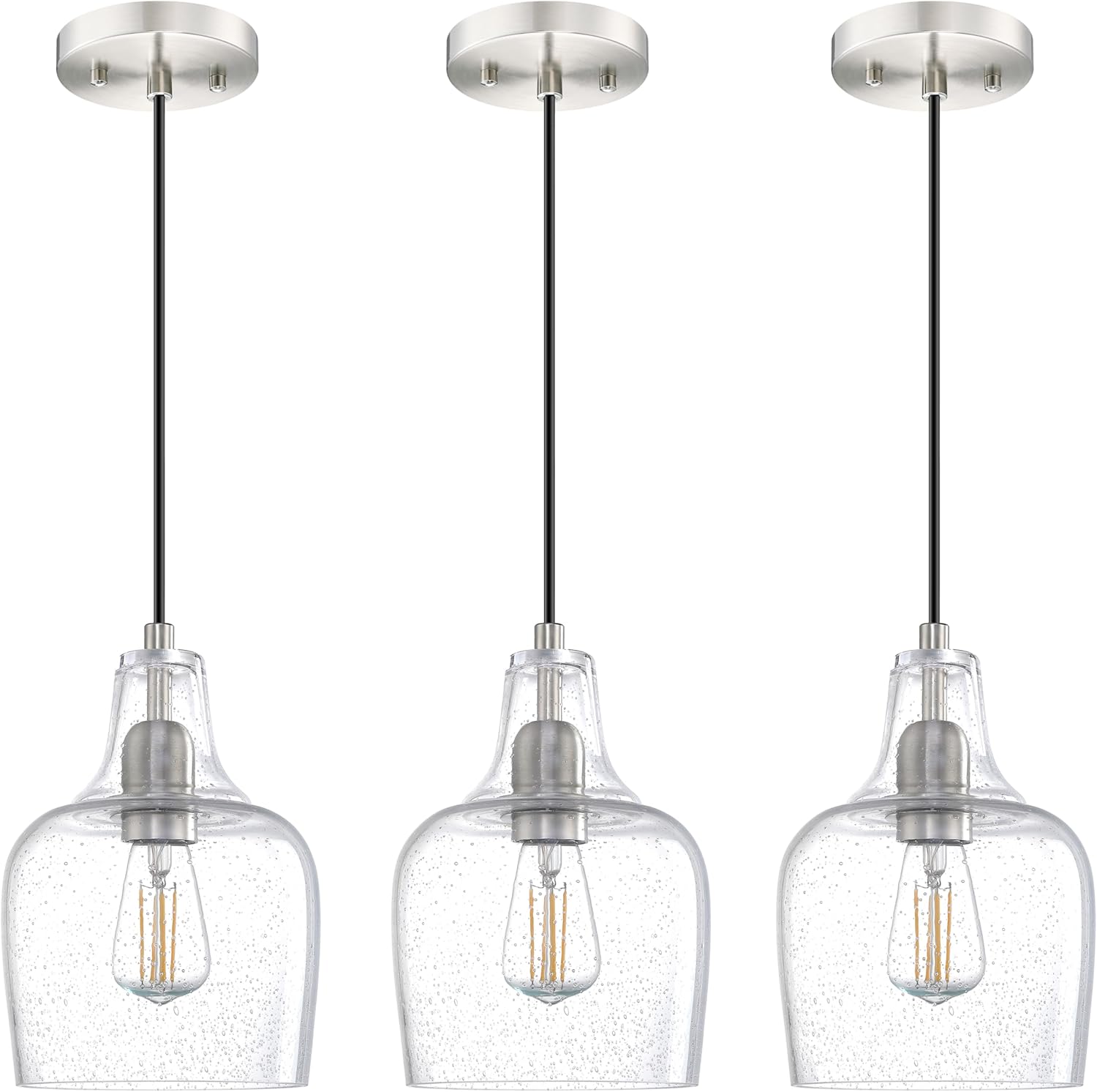 Farmhouse Black Ceiling Light — 1-Light — Clear Seeded Glass Brushed Nickel 3 Pack