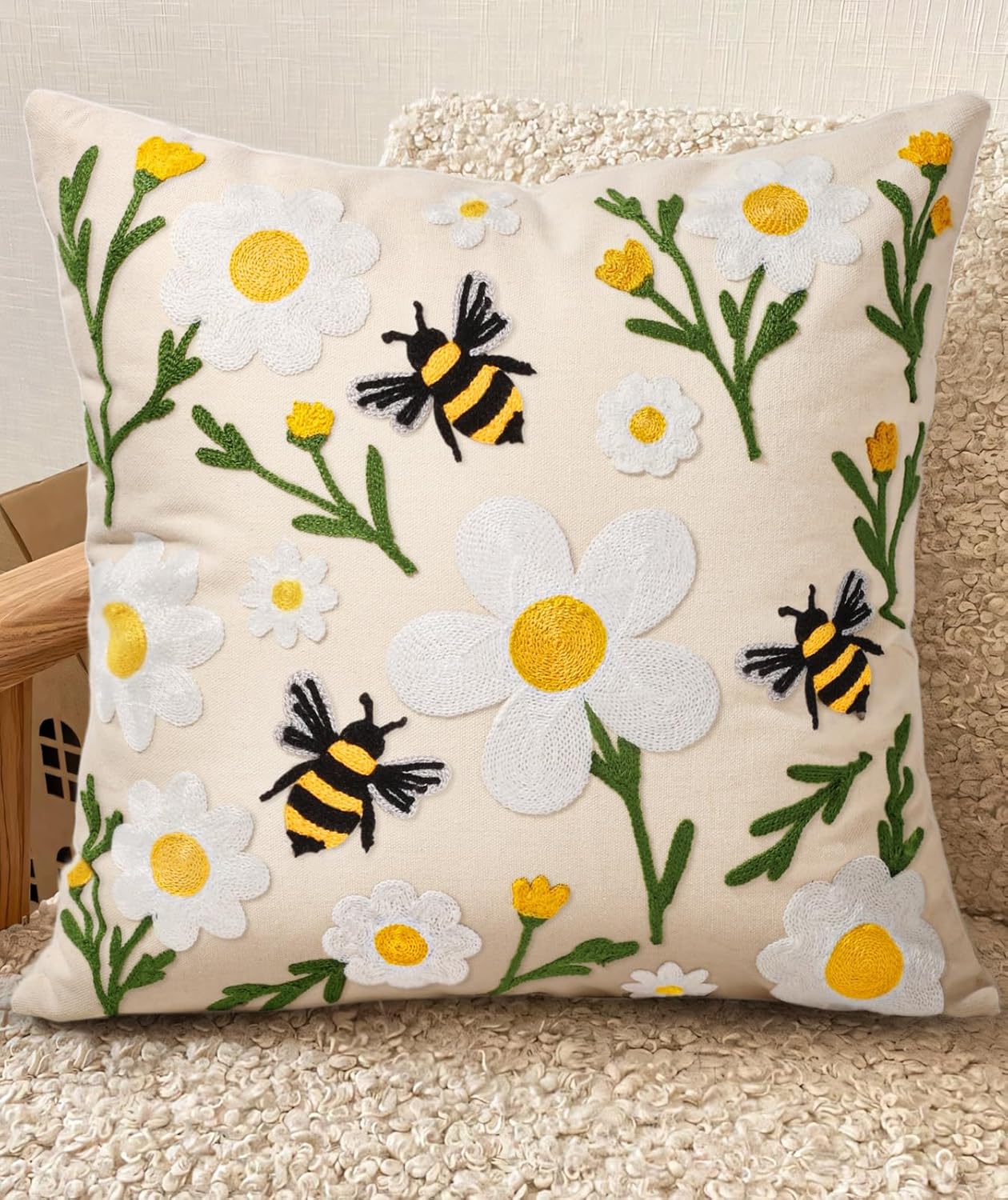 Embroidered Boho Red Throw Pillow Cover — 18" — Flower Bee