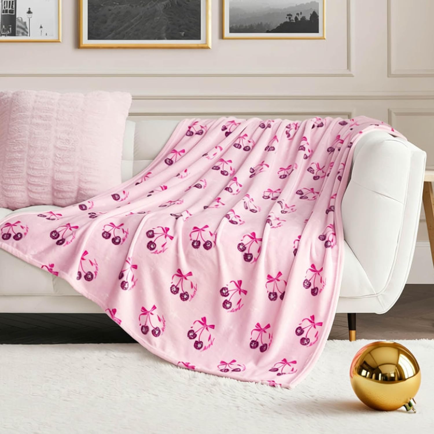 Black Throw Pillow — 50" — Disco Cherry Bows Pink