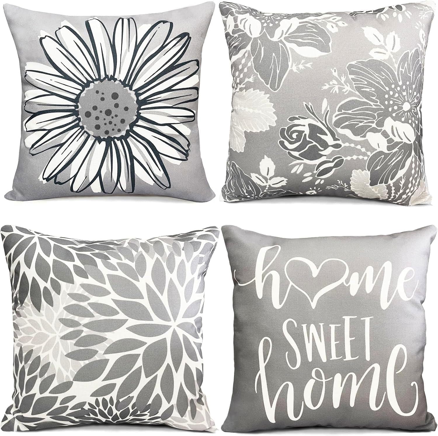 Linen Boho Beige Throw Pillow Cover — 18" — Grey-floral