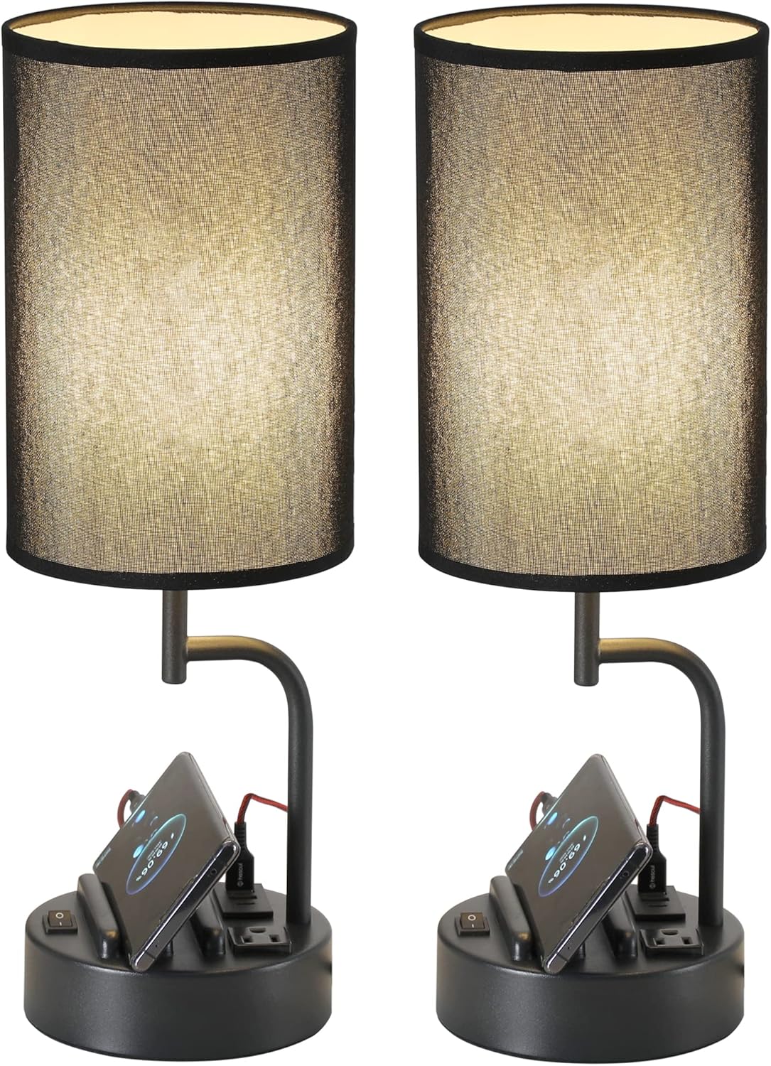 USB Charging Modern Beige Bedside Lamp — Set of 2 — Black