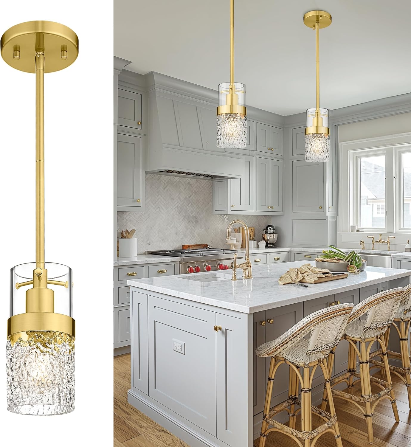 Adjustable Modern Black Pendant Light — 3.5" — Gold -Hammered Glass