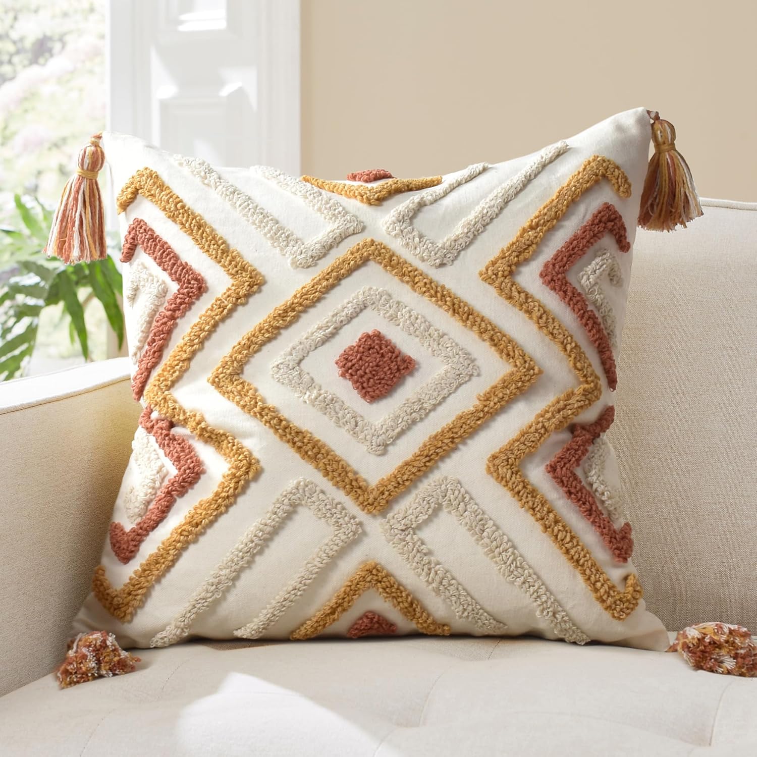 Tufted Boho Beige Throw Pillow Cover — 18" — Boho Multi-rust