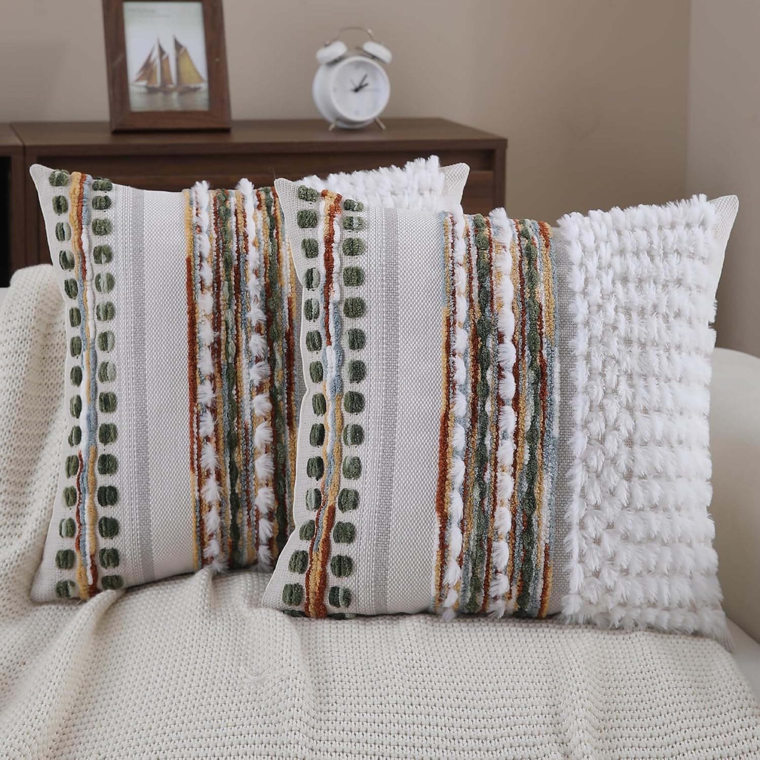 Chenille Boho Black Throw Pillow Cover — 18x18 — Z Caramel Green