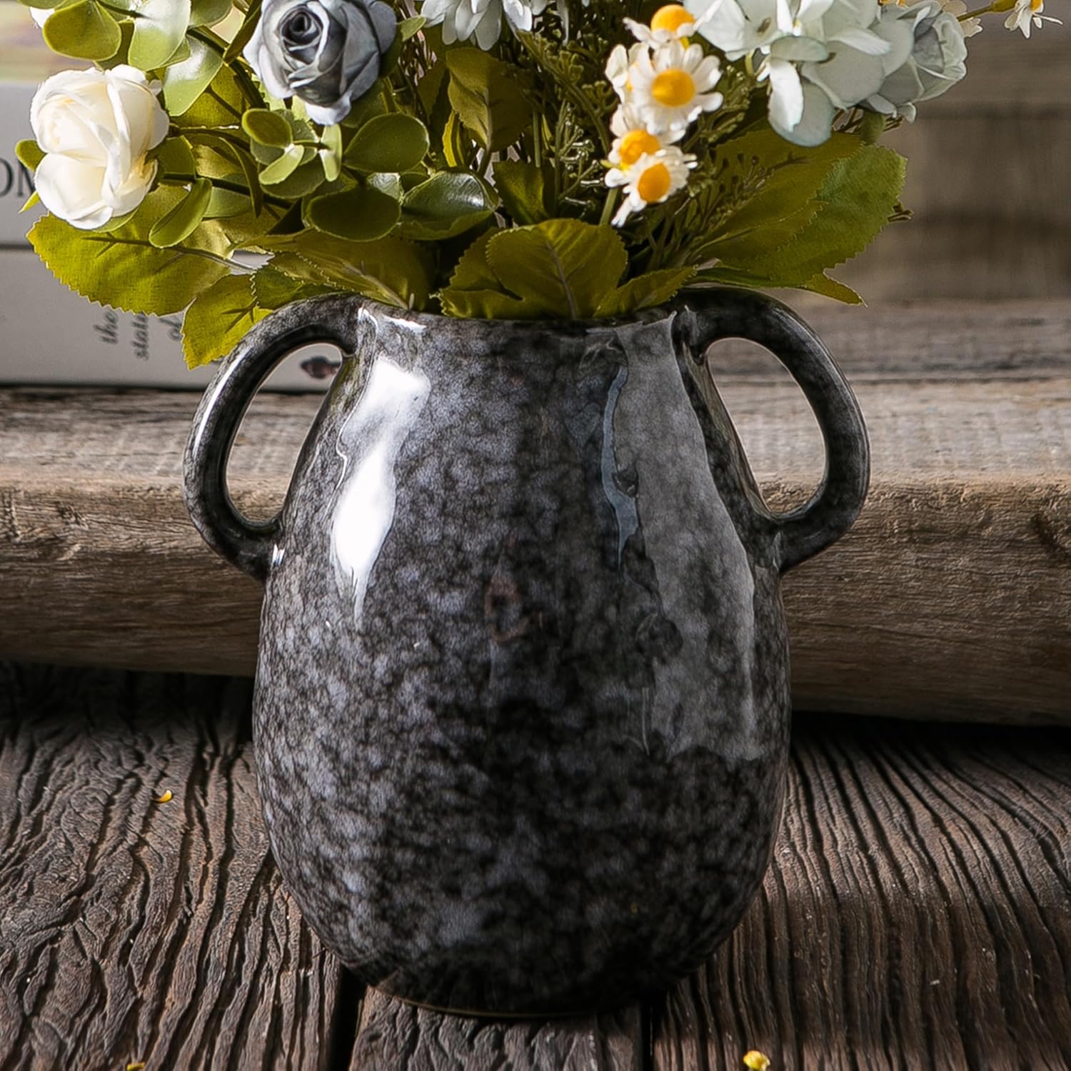 Farmhouse Black Flower Vase — 7" — Double Handle - Black