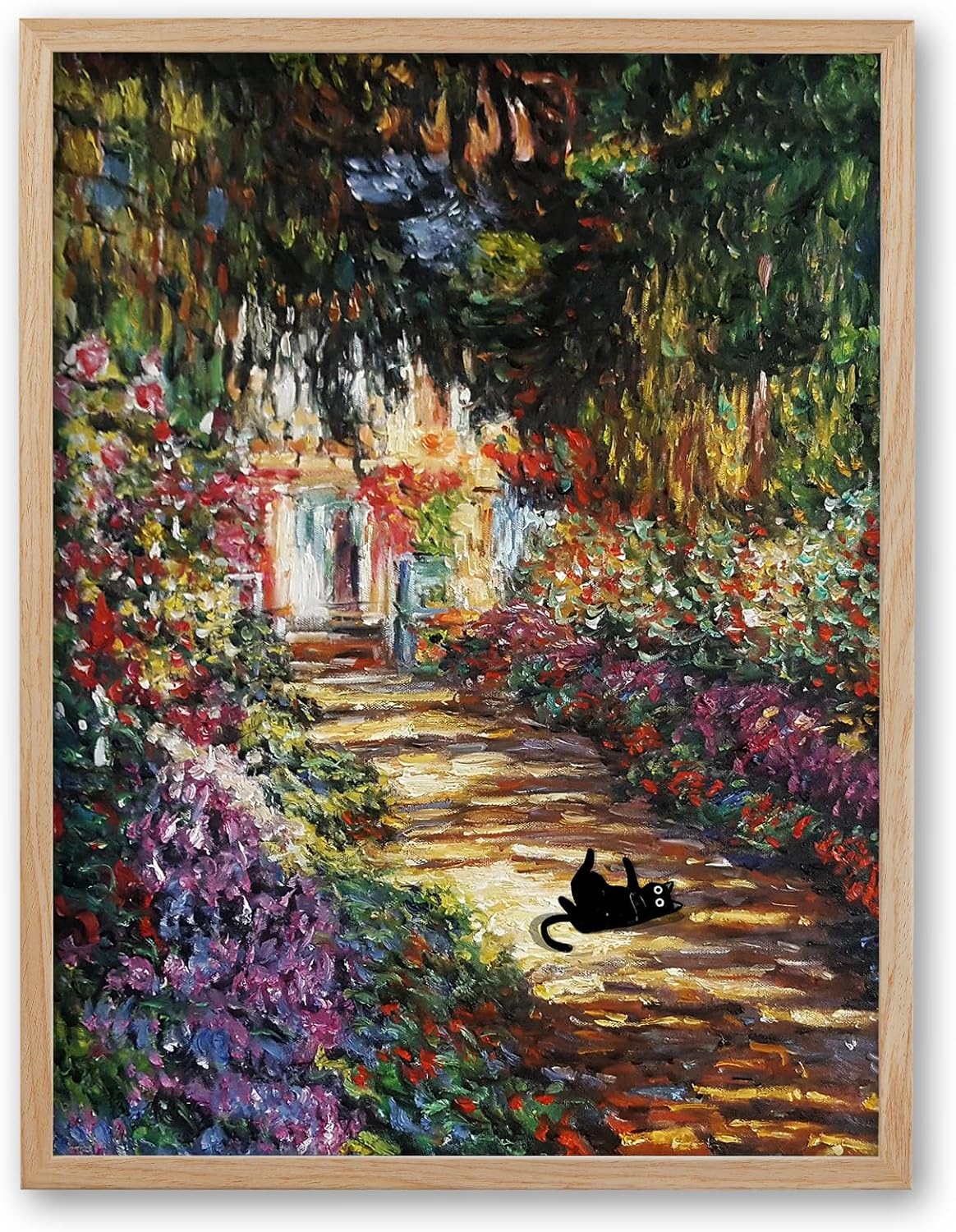 Vintage Black Framed Wall Art — 16" — Oak Wood Framed Black Cat