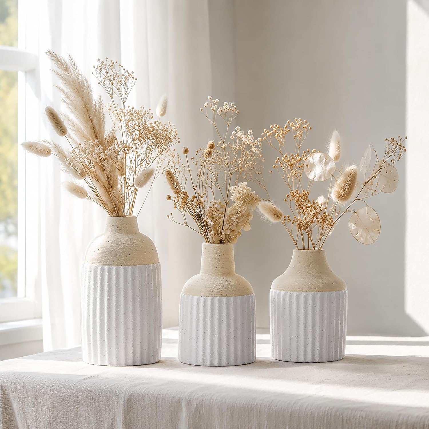 Boho Beige Decorative Vase — Set of 3 — Beige White