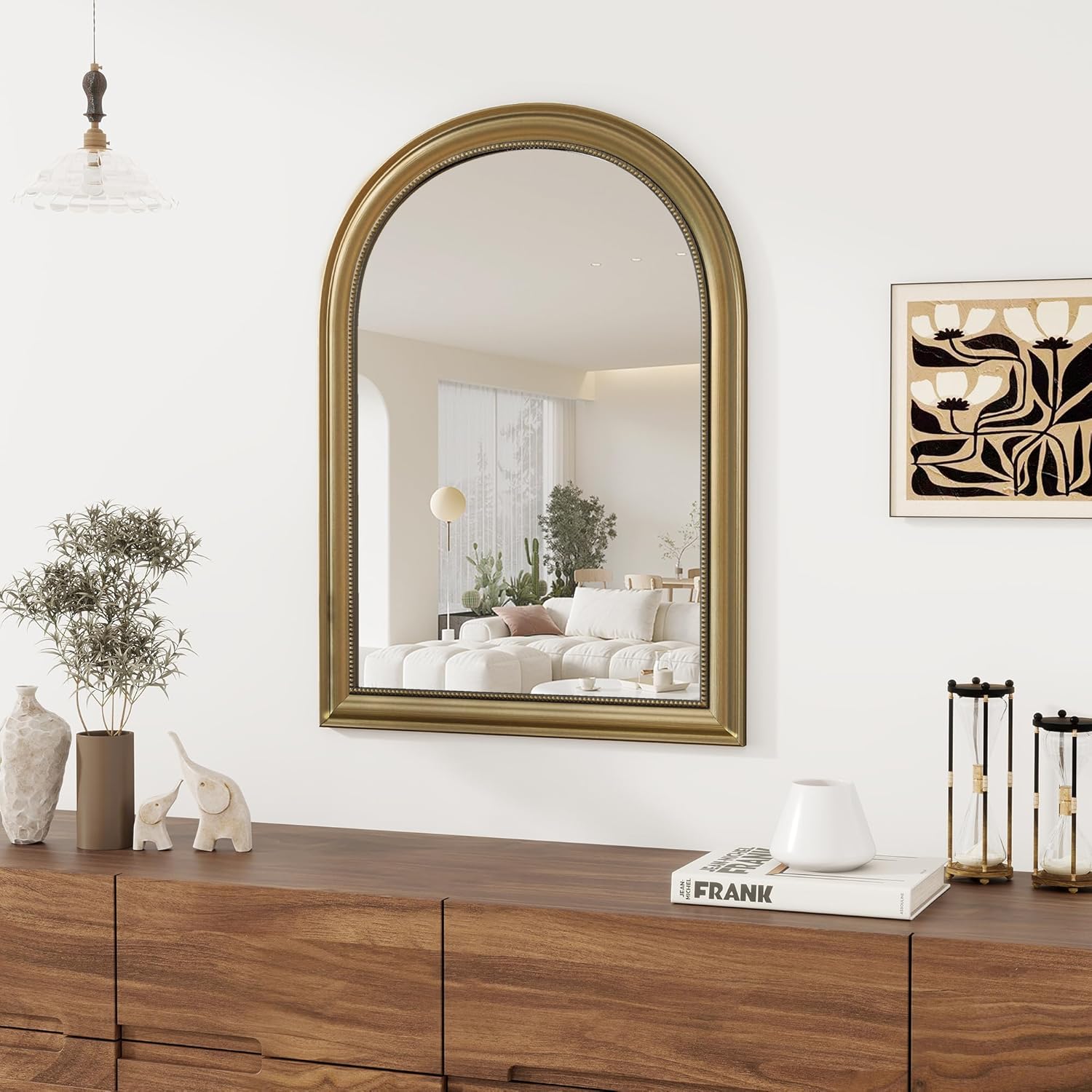 Rectangular Beige Wall Mirror — 36" — Arched - Gold