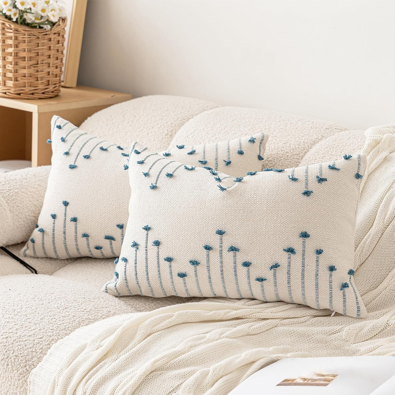 Boho Beige Throw Pillow Cover — 18" — Beige and Blue