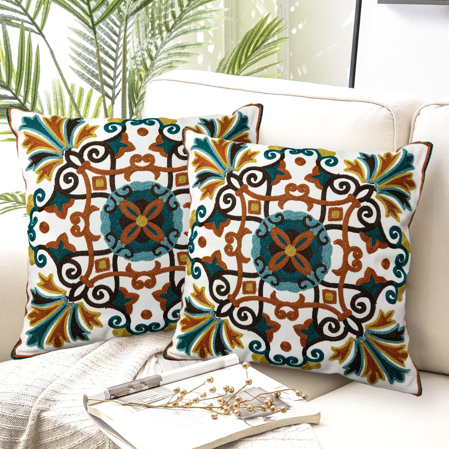 Embroidered Boho Blue Throw Pillow Cover — 18" — Floral Brown