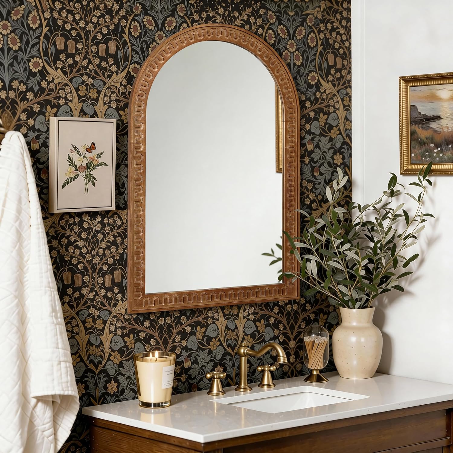 Round Farmhouse Wood Wall Mirror — 25.8" — 40" H Arched