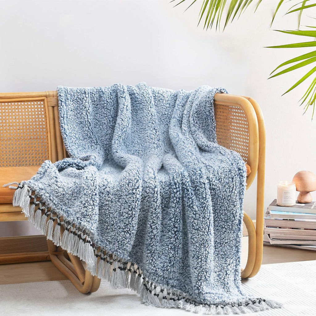 Boho Beige Throw Pillow — 50" — Blue With Tassel