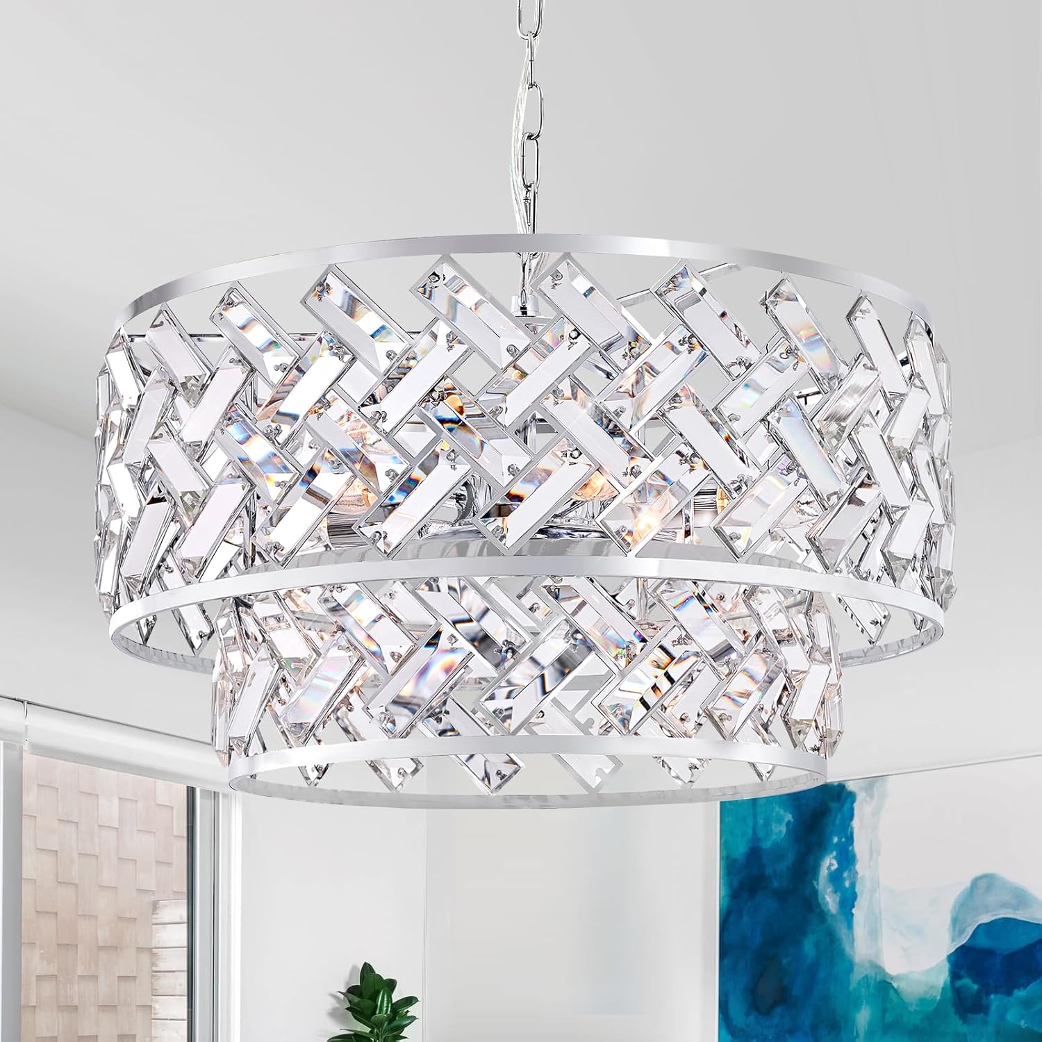 Round Luxe Black Chandelier — 20" — Large Drum Chrome